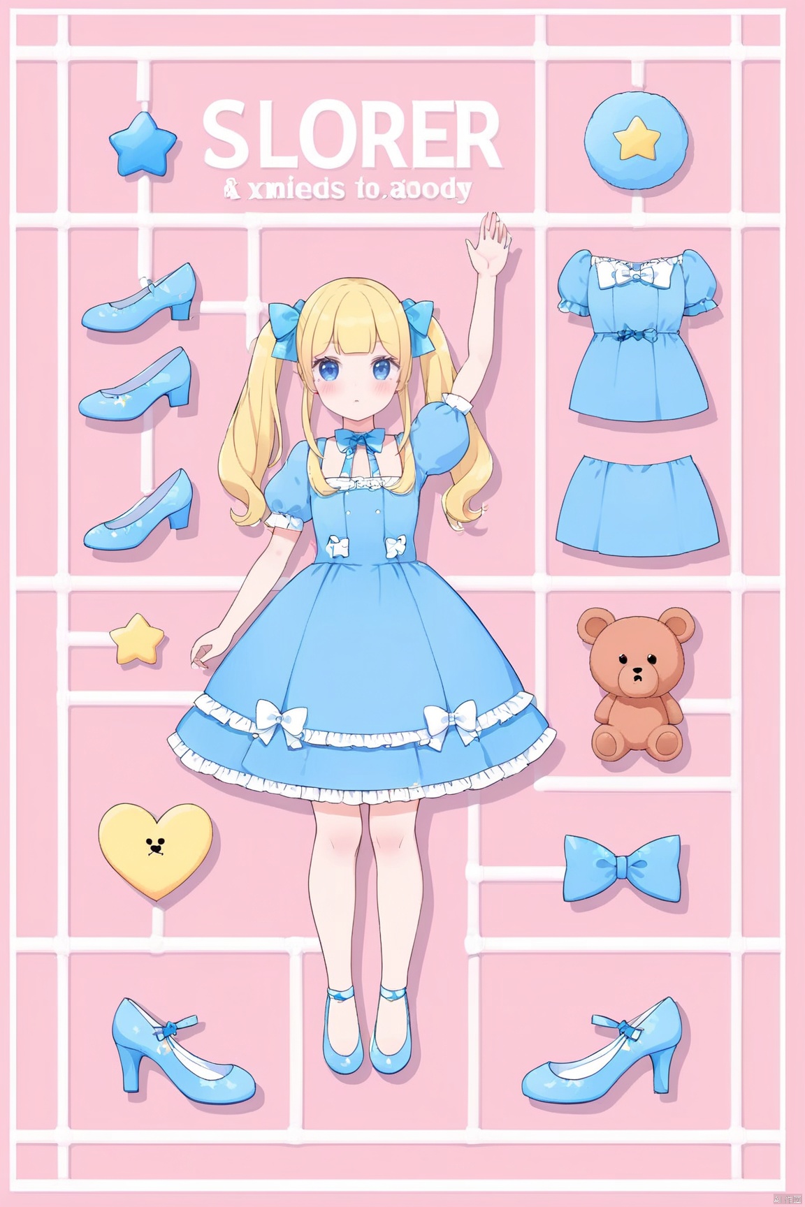 model sprue,1girl, solo, blonde hair, dress, bow, short sleeves, hair bow, bangs, long hair, twintails, blue dress, blue eyes, star (symbol), puffy sleeves,  frills, puffy short sleeves, blue bow, print dress, full body, shoes, blush, blue footwear, arm up, english text, lolita fashion, teddy bear, stuffed toy,border,shoes,dress,