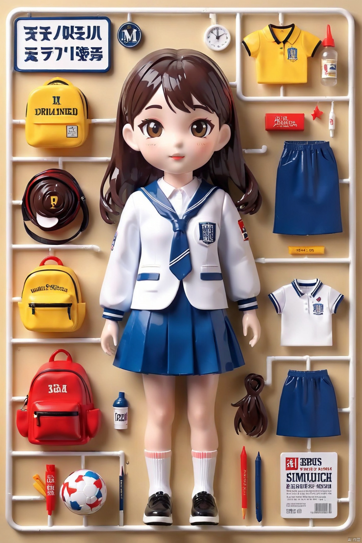 plastic model sprue,1girl,school uniform,english text,flat color
