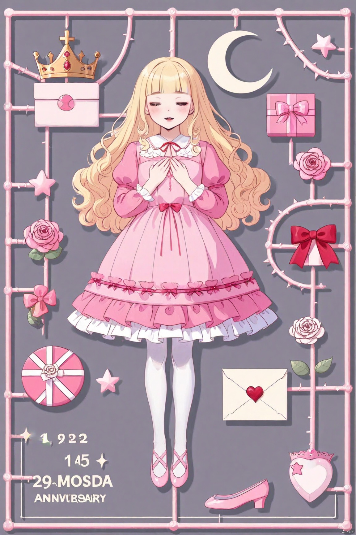 model sprue,1girl, solo, long hair, flower, closed eyes, dress, crown, blonde hair, gift, rose, long sleeves, moon, white flower, frills, full body, crescent moon, crescent, dated, frilled dress, pink dress, sparkle, pink footwear, bangs, white rose, hands on own chest, thorns, english text, plant, gift box, heart, box, shoes, red footwear, bow, petals, own hands together, ribbon, vines, puffy sleeves, frilled sleeves, grey background, puffy long sleeves,blunt bangs, very long hair, cross-laced footwear, wavy hair, red bow, high heels, leaf, petticoat, parted lips, character name, lolita fashion, hands up, white shirt, simple background, curly hair, black background, star (symbol), pink bow, frilled shirt collar, shirt, pink ribbon, red ribbon, red dress, rose petals, twitter username, sweet lolita, ballet slippers, hand on own chest, blush, closed mouth, on back, floral background, white legwear, frilled skirt, princess, floating, envelope, pink flower, layered dress, cross-laced clothes, eyelashes, anniversary, lips, watermark, pantyhose, personification, ankle lace-up, makeup, letter, lying, juliet sleeves, smile, sleeveless,