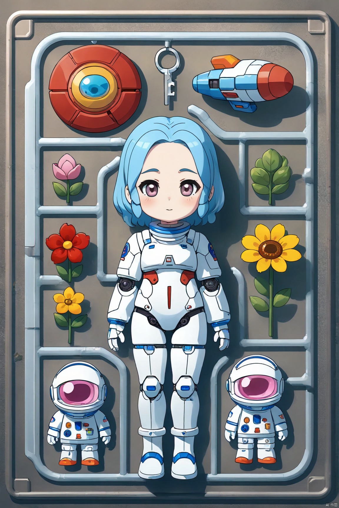 plastic model sprue plate, masterpiece, best quality,8K,official art, ultra high res, 1girl,chibi, full body, robot, astronauts outdoors, flowers, trees, anime style, key visual, vibrant, 