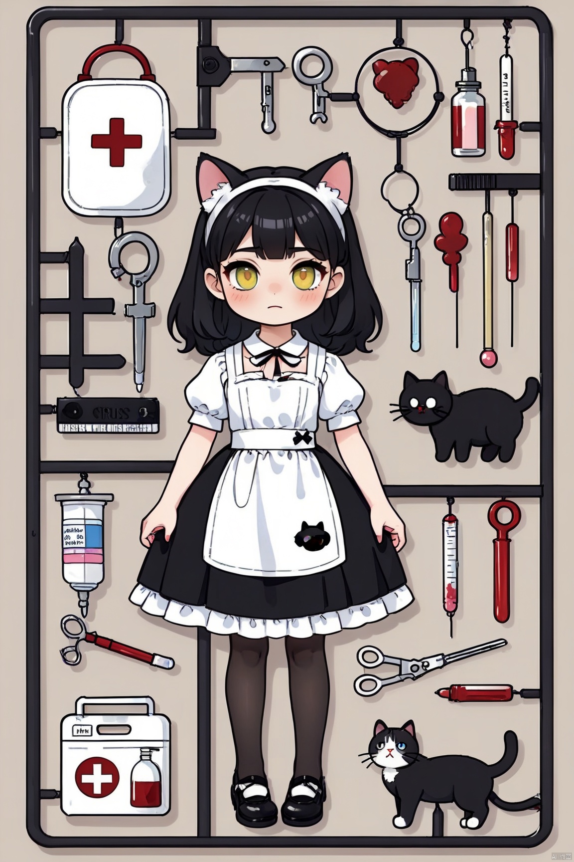 model sprue,animal ears,cat,dress,black de hair,intravenous drip,horns,white legwear,shoes,braid,bow,long hair,cat ears,frills,veil,cross,1girl,black dress,black footwear,eyepatch,bride,bride,black,bride,black,cat,curtains,apron,frilled dress,standing,looking at viewer,blunt bangs,lolita fashion,bucket,pantyhose,solo,wooden floor,syringe,bandages,book,blood bag,cat tail,ribbon,nurse,white bow,multiple girls,latin cross,clothed animal,indoors,why hairs,bandaid,heterochromia,star (symbol),key,gothic lolita,animal (animal),frilled apron,lace,blood,no nose,noose,scissors,child,puffy sleeves,pill,hat,cat girl,holding bucket,clipboard,petticoat,no mouth,tag,neck,lace trim,maist,medicine,thermometer,english,sleeves,text,maist,noun,see-through,traditional media,jewelry,black ribbon,habitat,holding syringe,safety pin,two tails,border,black background,