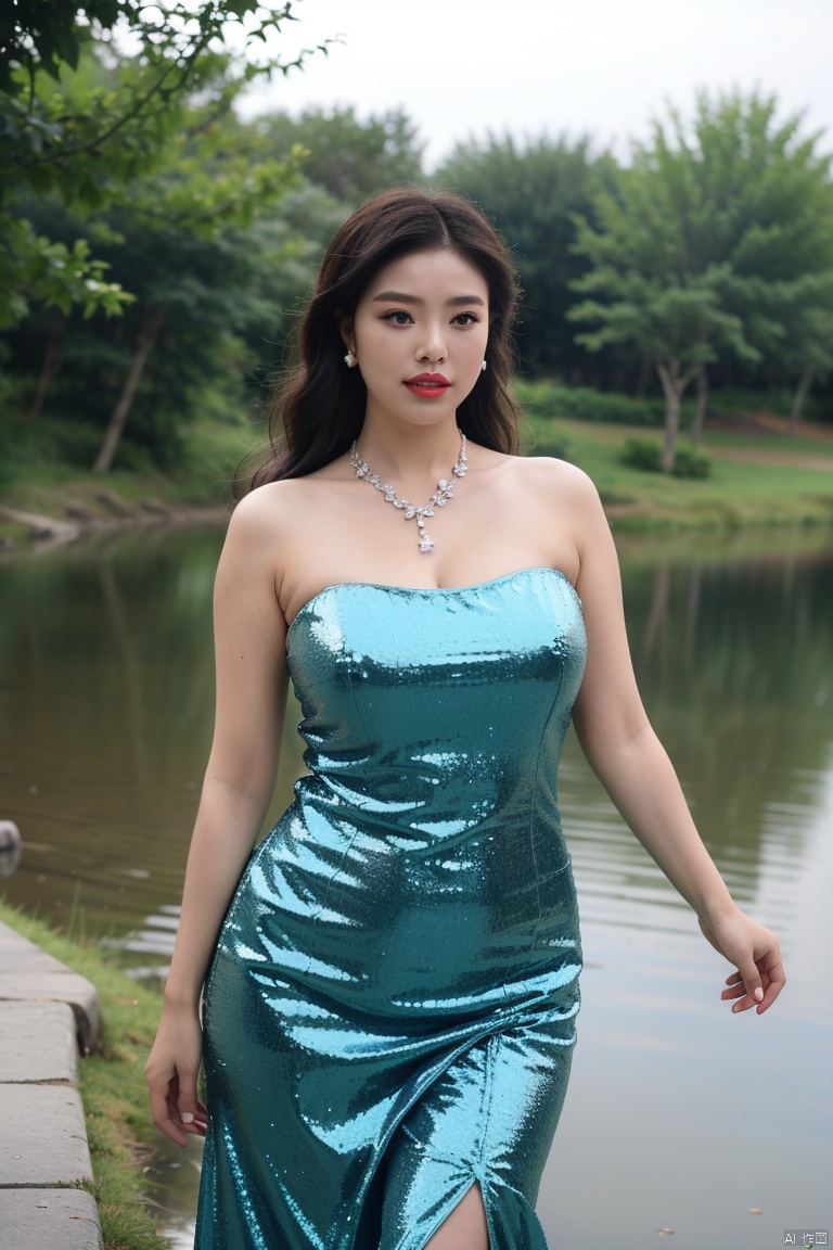 ((4k,masterpiece,best quality)), professional camera, 8k photos, wallpaper,luokeke, 1girl, solo, long hair, black hair, (dress:1.3), bareshoulders, jewelry, eyes, earrings, outdoors, sky, sparkle_water, necklace, dress, lips, sparkle, night, floating hair, wind, red lips, Seaside, sea, blue water, glowing water, rippling water,, yuechan, purple hair, luokeke,miao