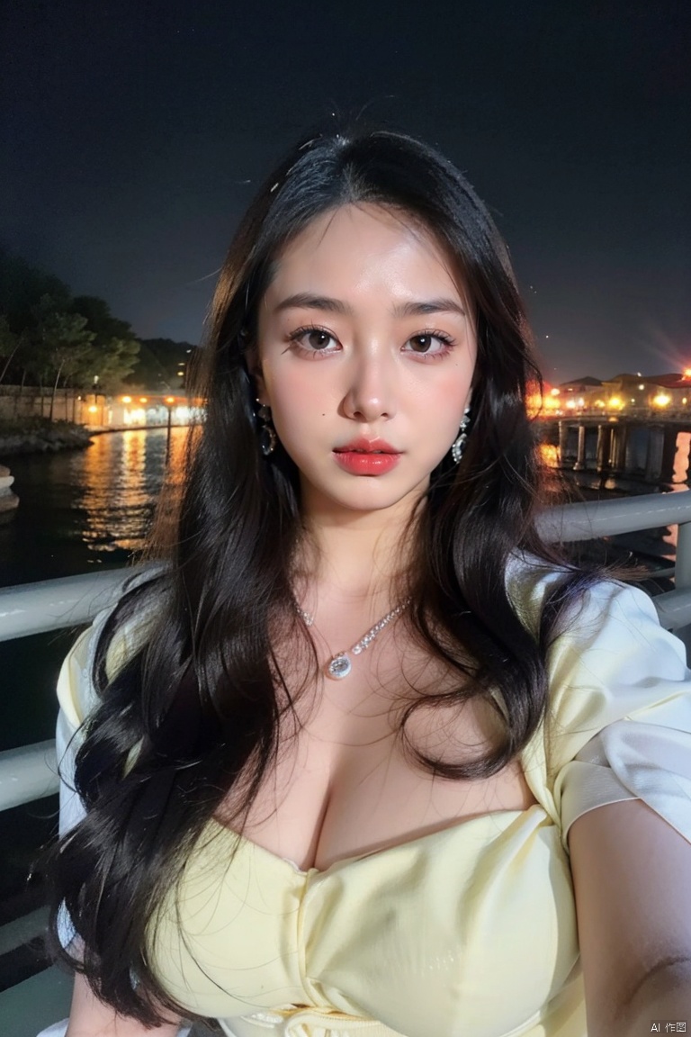 ((4k,masterpiece,best quality)), professional camera, 8k photos, wallpaper,luokeke, 1girl, solo, long hair, black hair, (dress:1.3), bareshoulders, jewelry, eyes, earrings, outdoors, sky, sparkle_water, necklace, dress, lips, sparkle, night, floating hair, wind, red lips, Seaside, sea, blue water, glowing water, rippling water,, yuechan, purple hair, luokeke,