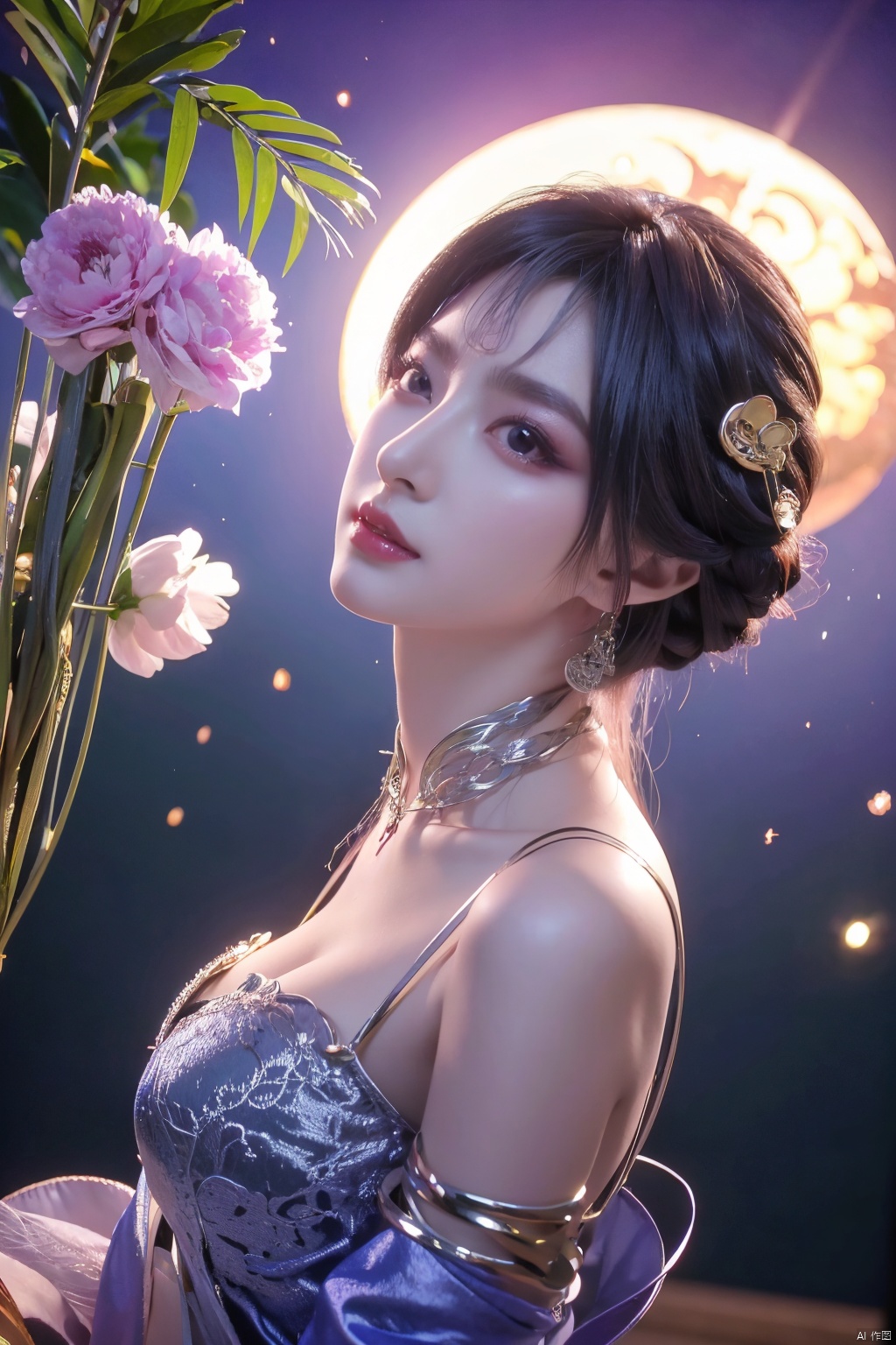 1girl,Xtianqiong,flower,big breasts,moon