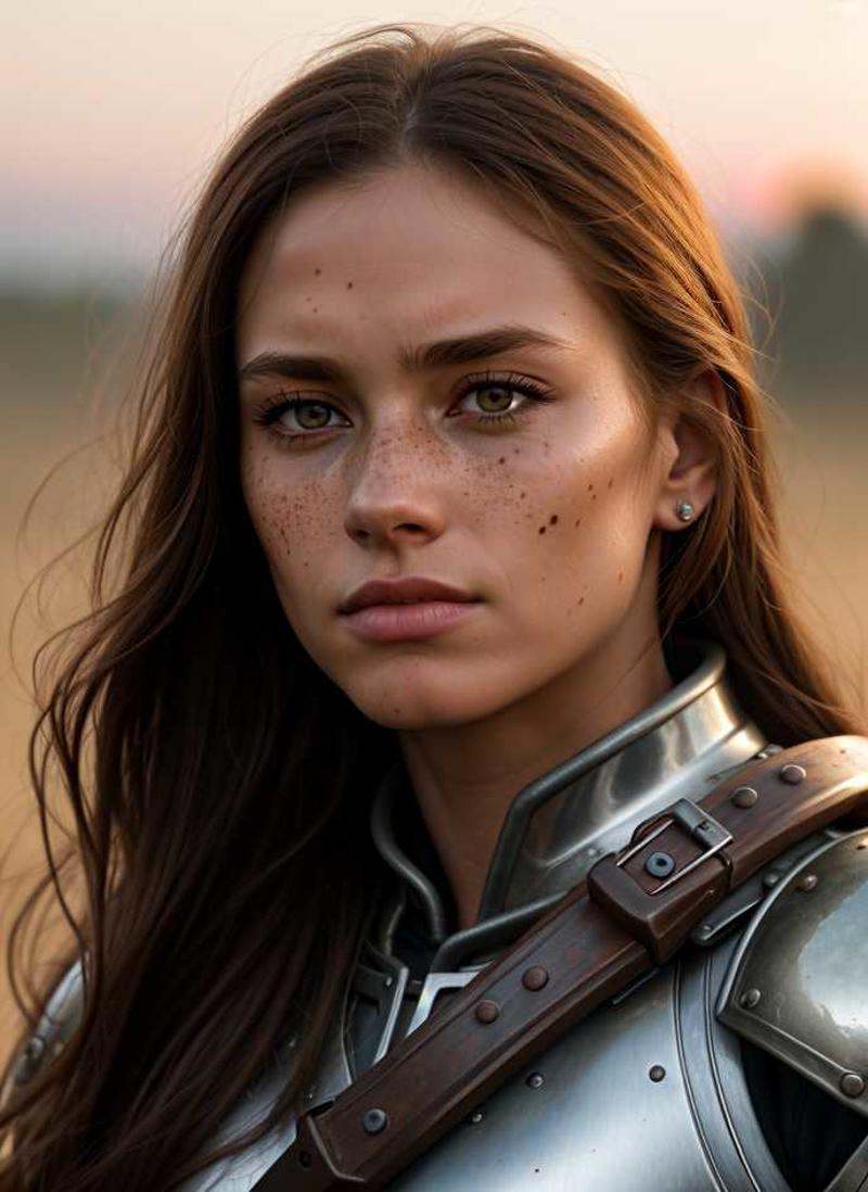 of an angry female legionnaire with freckles and long brown hair on a medieval battlefield,  killed warriors in the backgr...