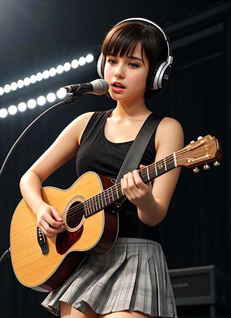 mobile photo,  A cute pop singer (young woman) with short hair and symmetrical teary eyes holds a guitar and sings into he...