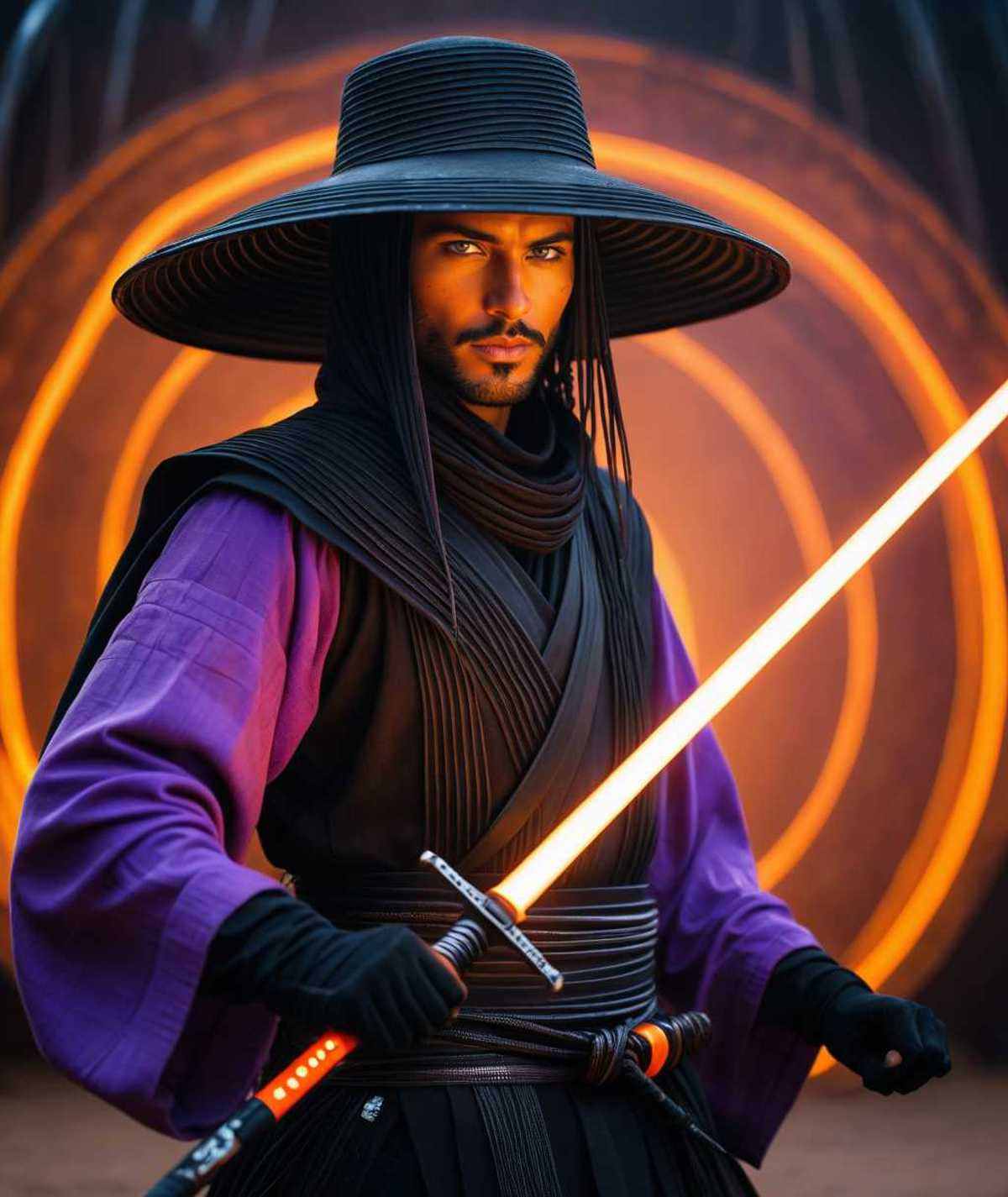 Craft a captivating vibrant dark black-neon caption for a photo capturing the essence of a cyborg Bedouin sorcerer in figh...