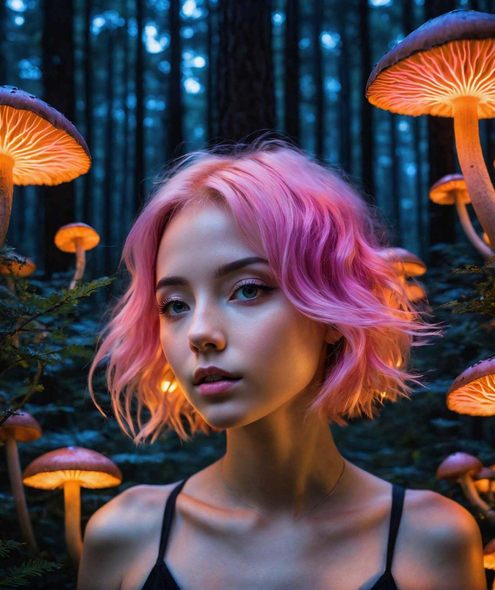 A close-up of a girl with pink hair in a dark,  surreal forest. She is illuminated by vibrant,  bioluminescent mushrooms c...