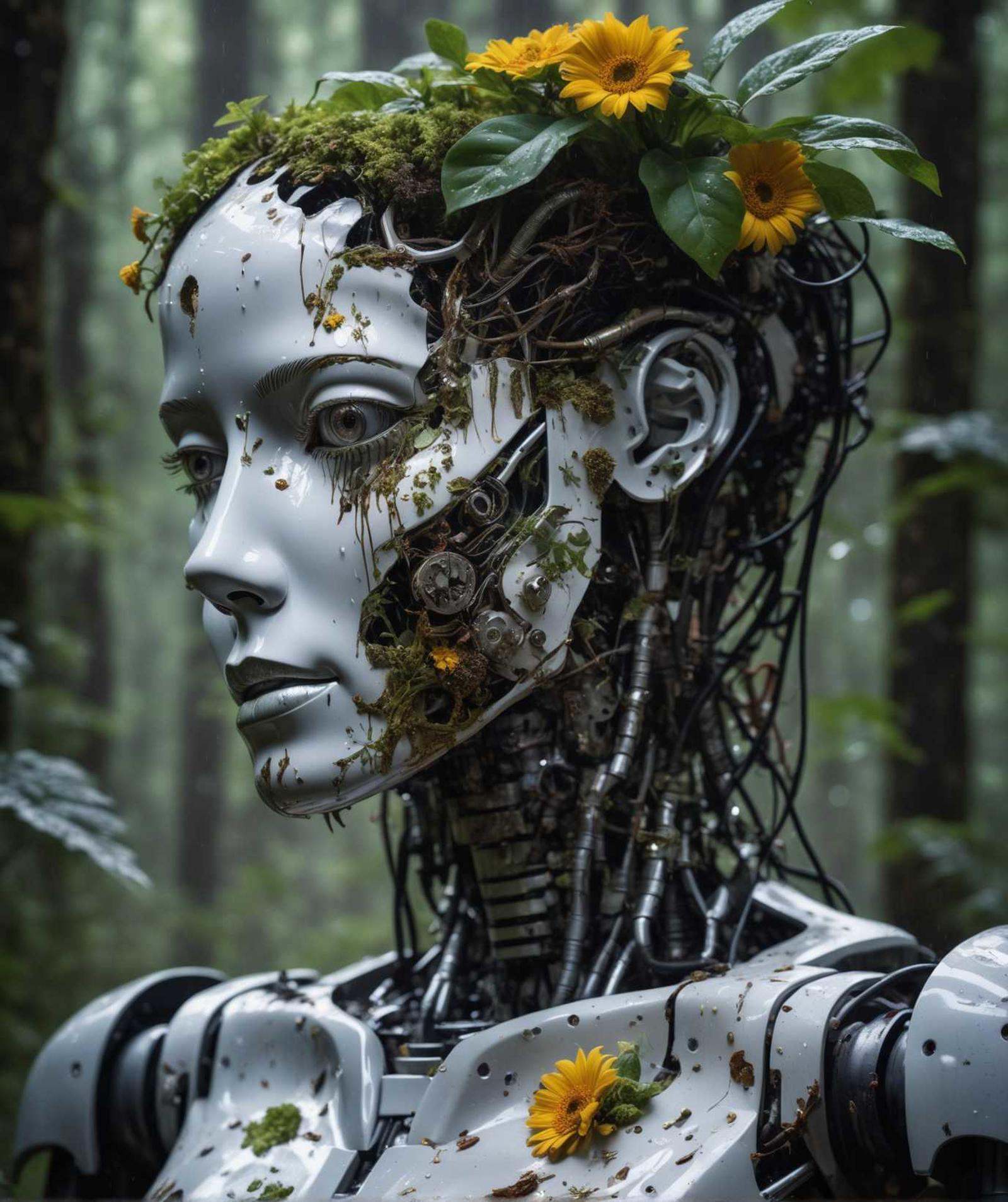 photo of a decayed female robot with the top half of her head cut off,  no brain,  instead filled with maggots on Tensor.Art