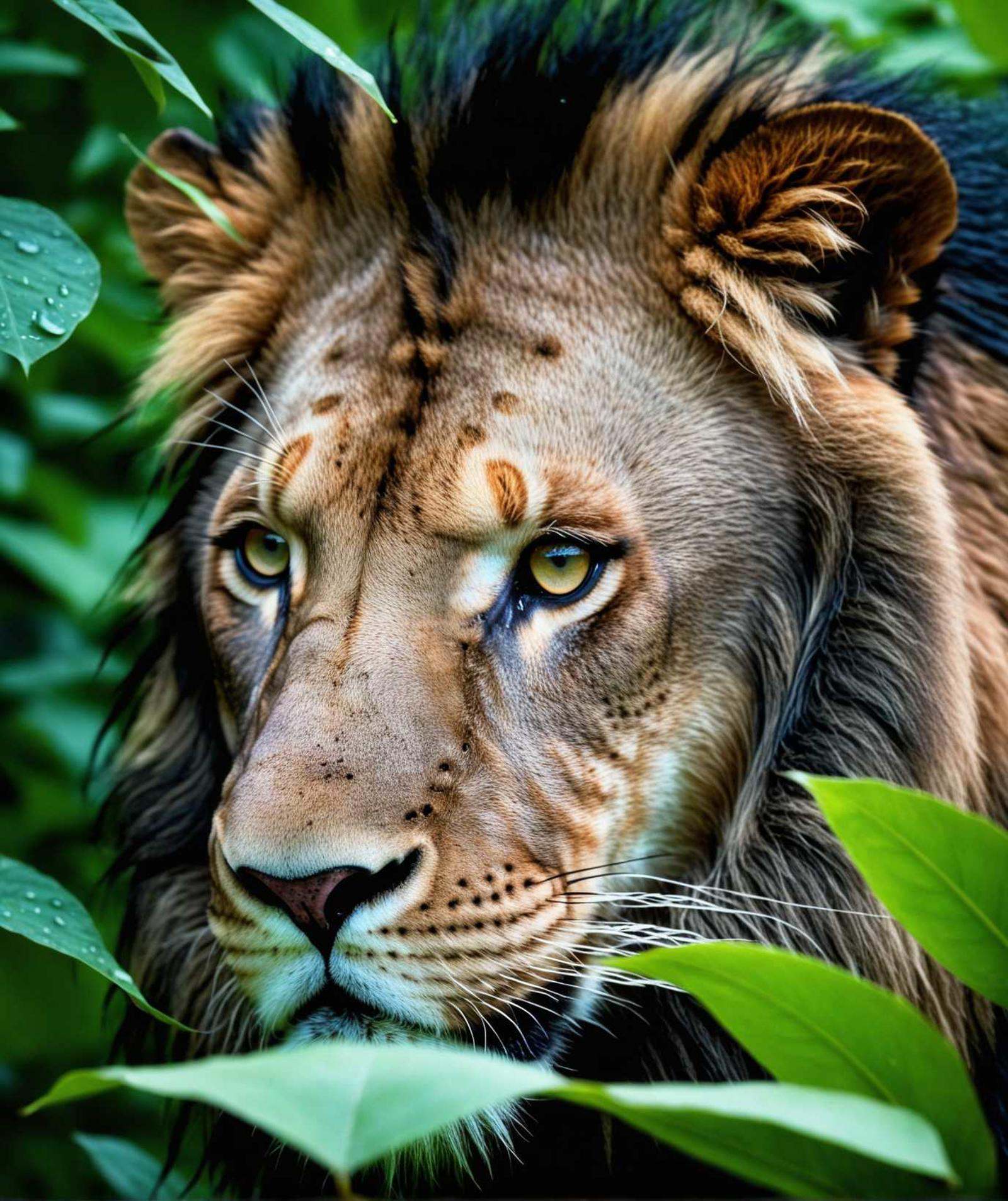lion,  hiding in the leaves,  black dragon on Tensor.Art