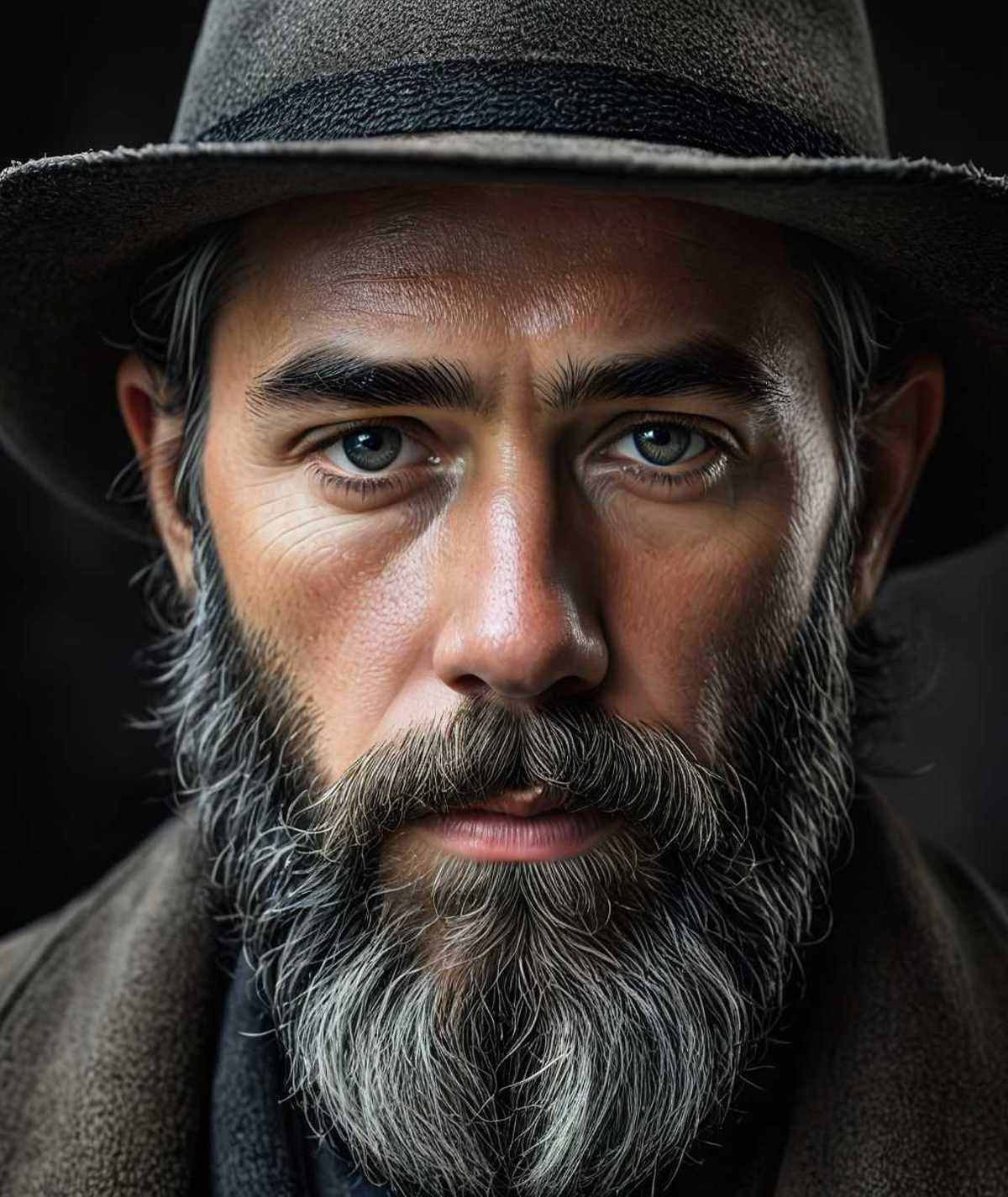 a close up of a man with a beard and a hat,  a hyperrealistic painting inspired by lee jeffries,  zbrush central contest w...