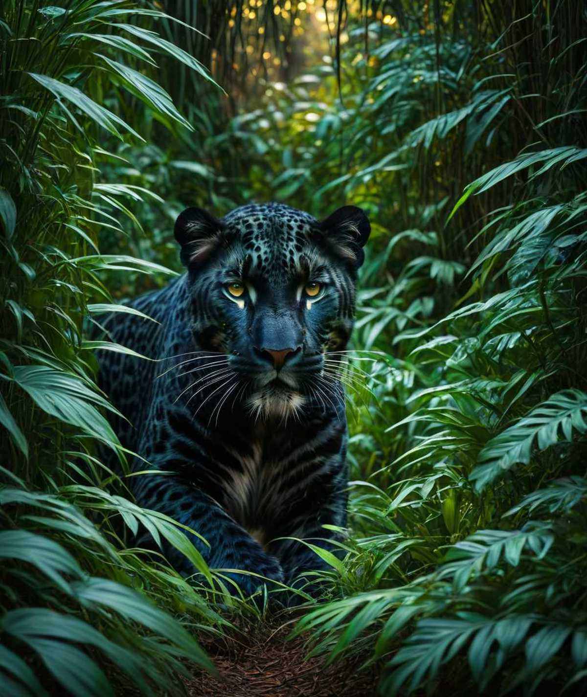 nature shot with wide shot of a dark jungle scene,  face of a black-leopard hiding between the bushes,  hunting on Tensor.Art