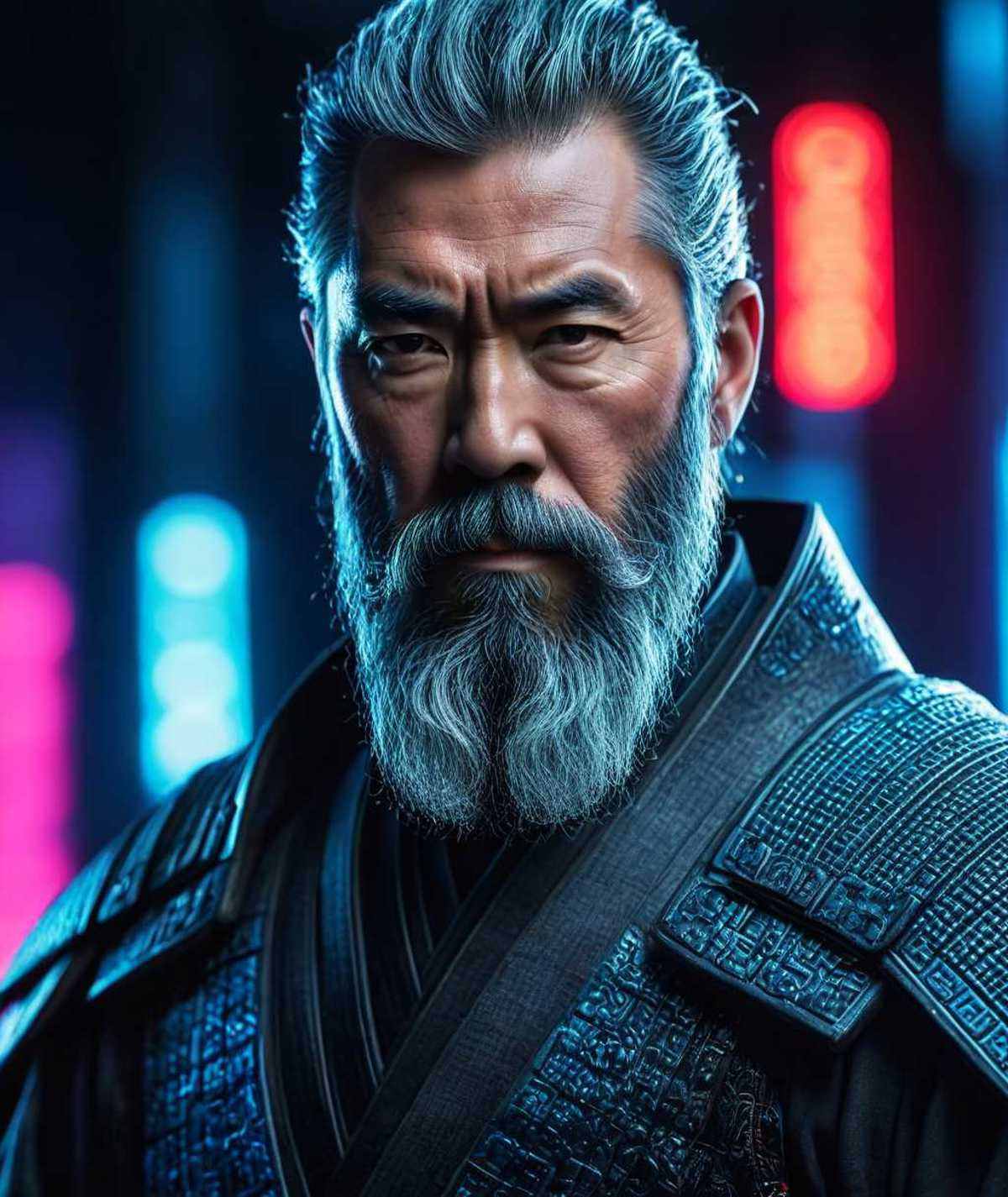 old samurai in the future,  long gray detailed beard,  samurai suit on Tensor.Art