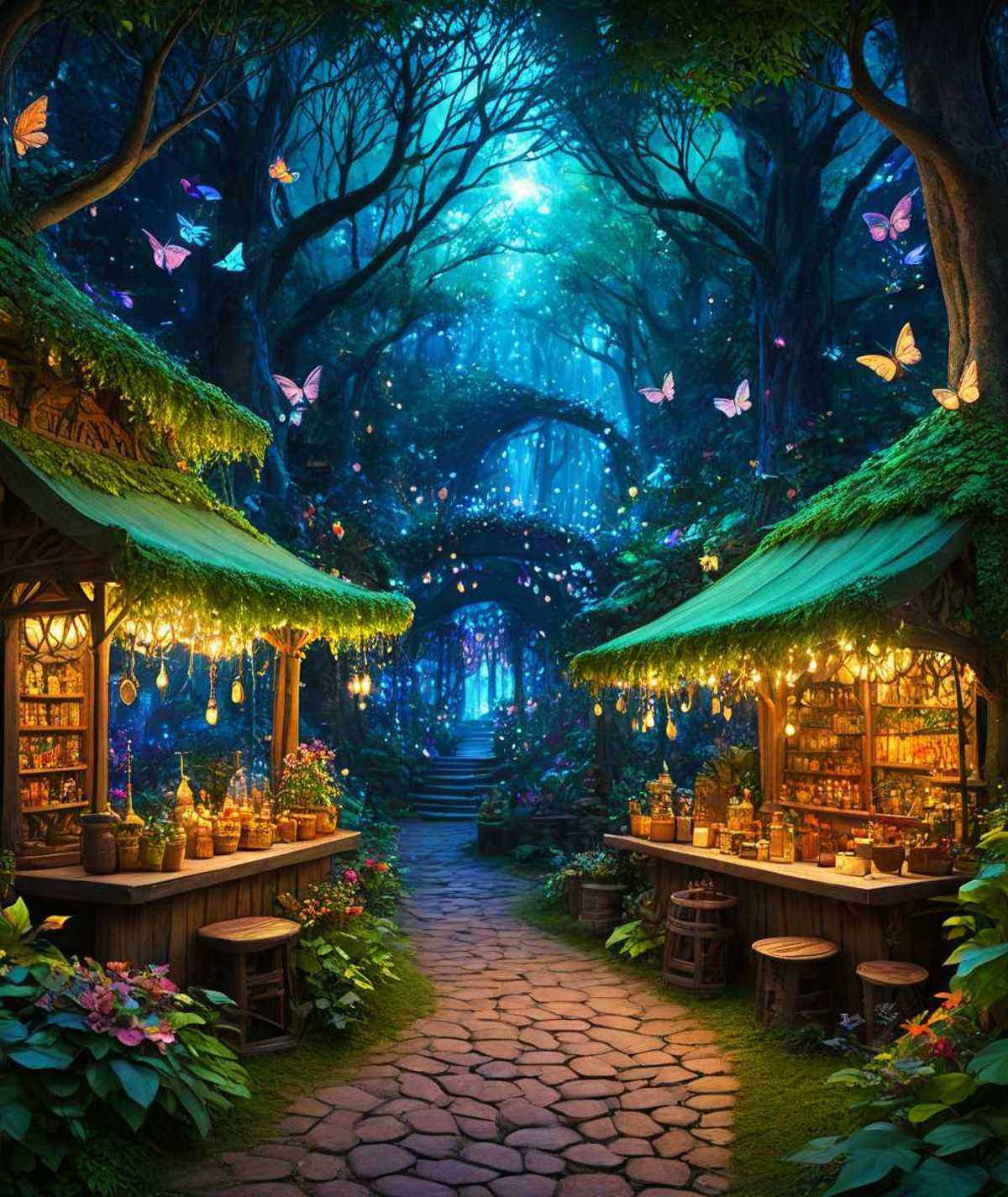 An image of a fairy market,  as imagined from our conversation. This market is a whimsical and enchanting place,  filled w...