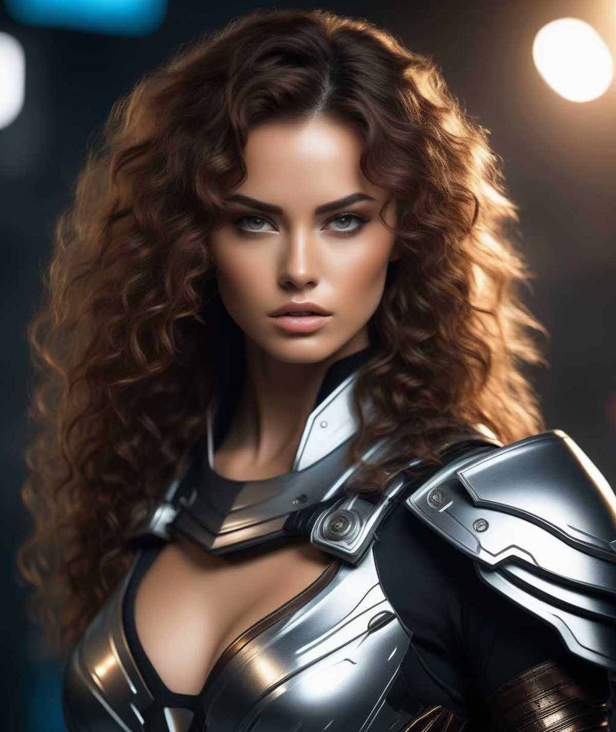 photo of a warrior woman from the future,  cyber suit,  metallic top on Tensor.Art