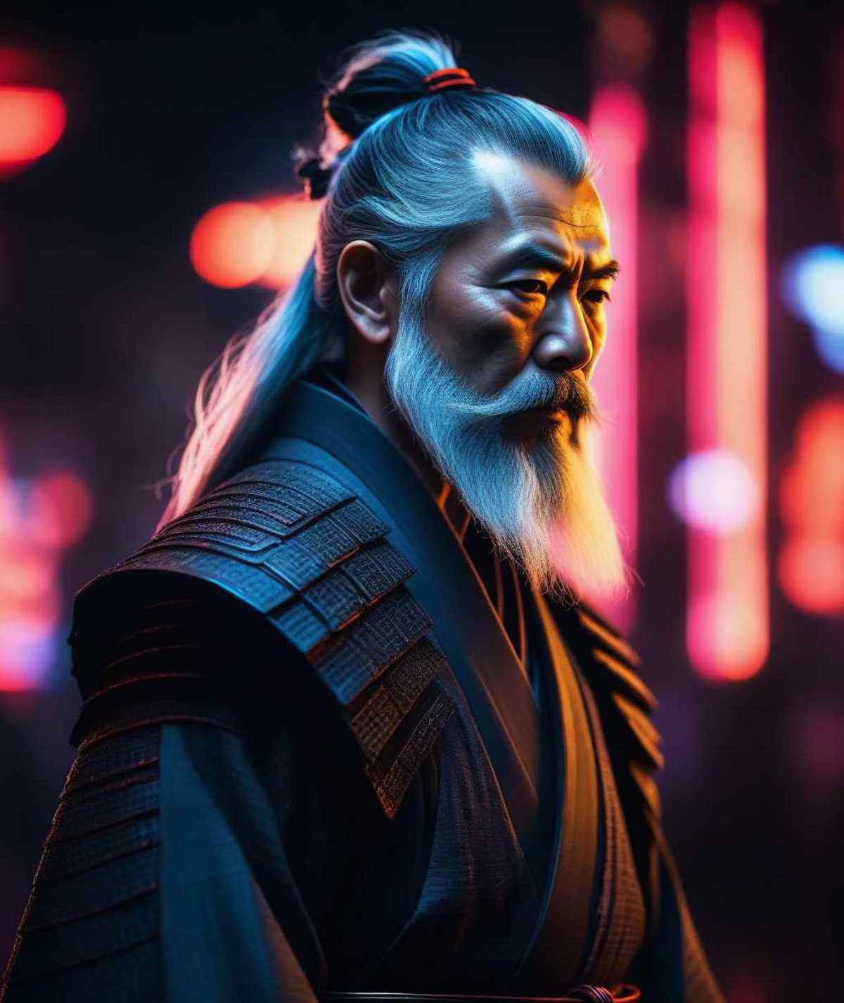old samurai in the future,  long gray detailed beard,  samurai suit on Tensor.Art