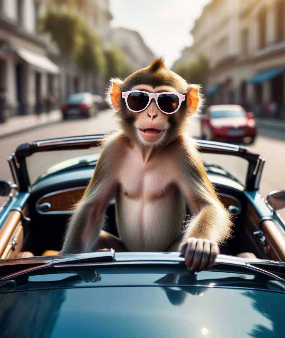 anthropomorphic funny monkey in sunglasses riding a cabriolet on the street,  realism,  day on Tensor.Art