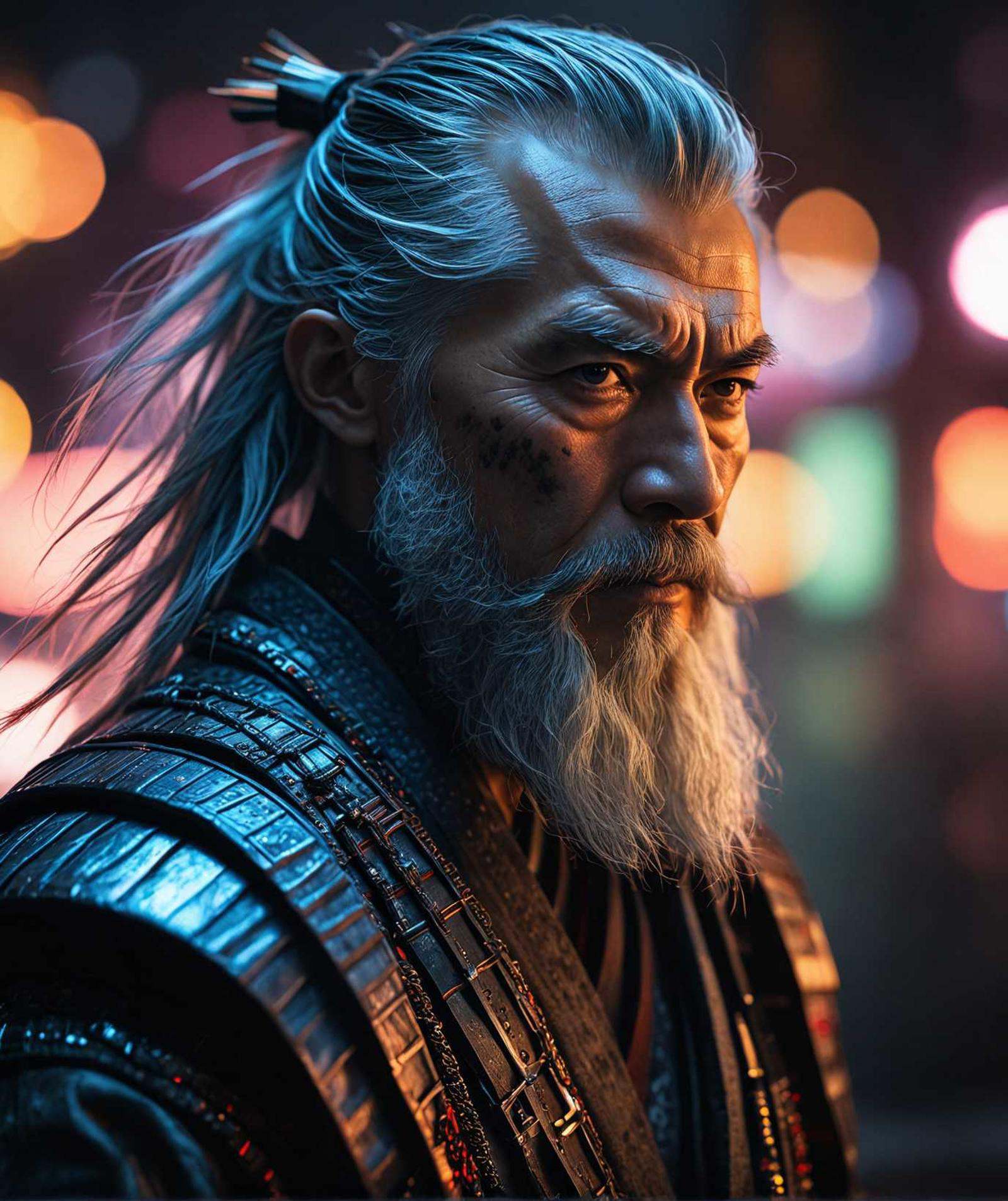 old samurai in the future,  long gray detailed beard,  samurai suit on Tensor.Art