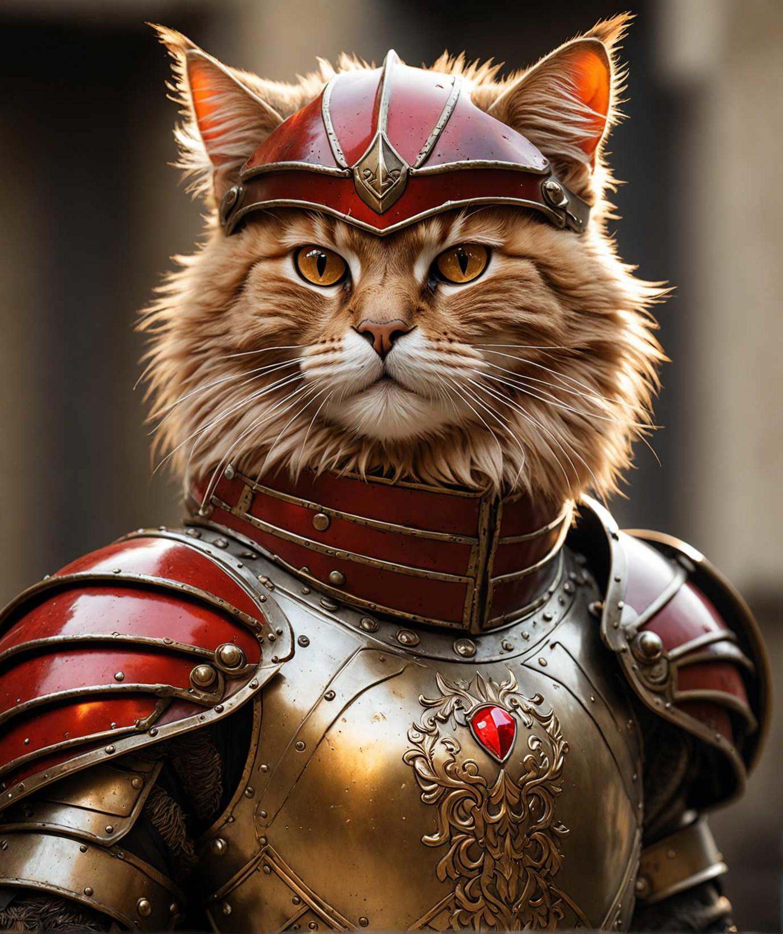 art of an anthropomorphic large fluffy one legionnaire cat,  bronze armor,  red crest on the helmet on Tensor.Art