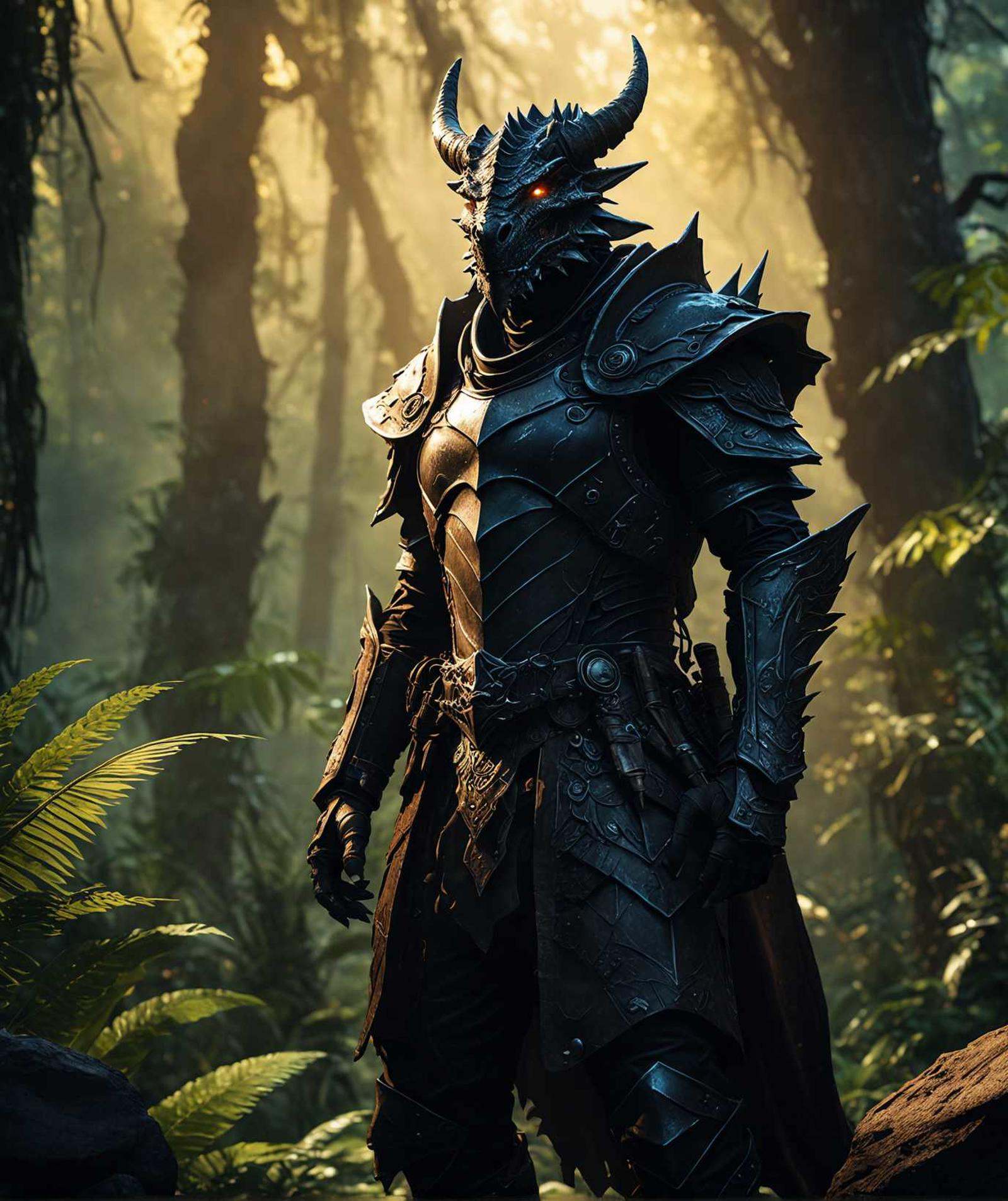 a sleek camouflaged dragonborn,  cowboy shot,  in an alien jungle at sunset on Tensor.Art