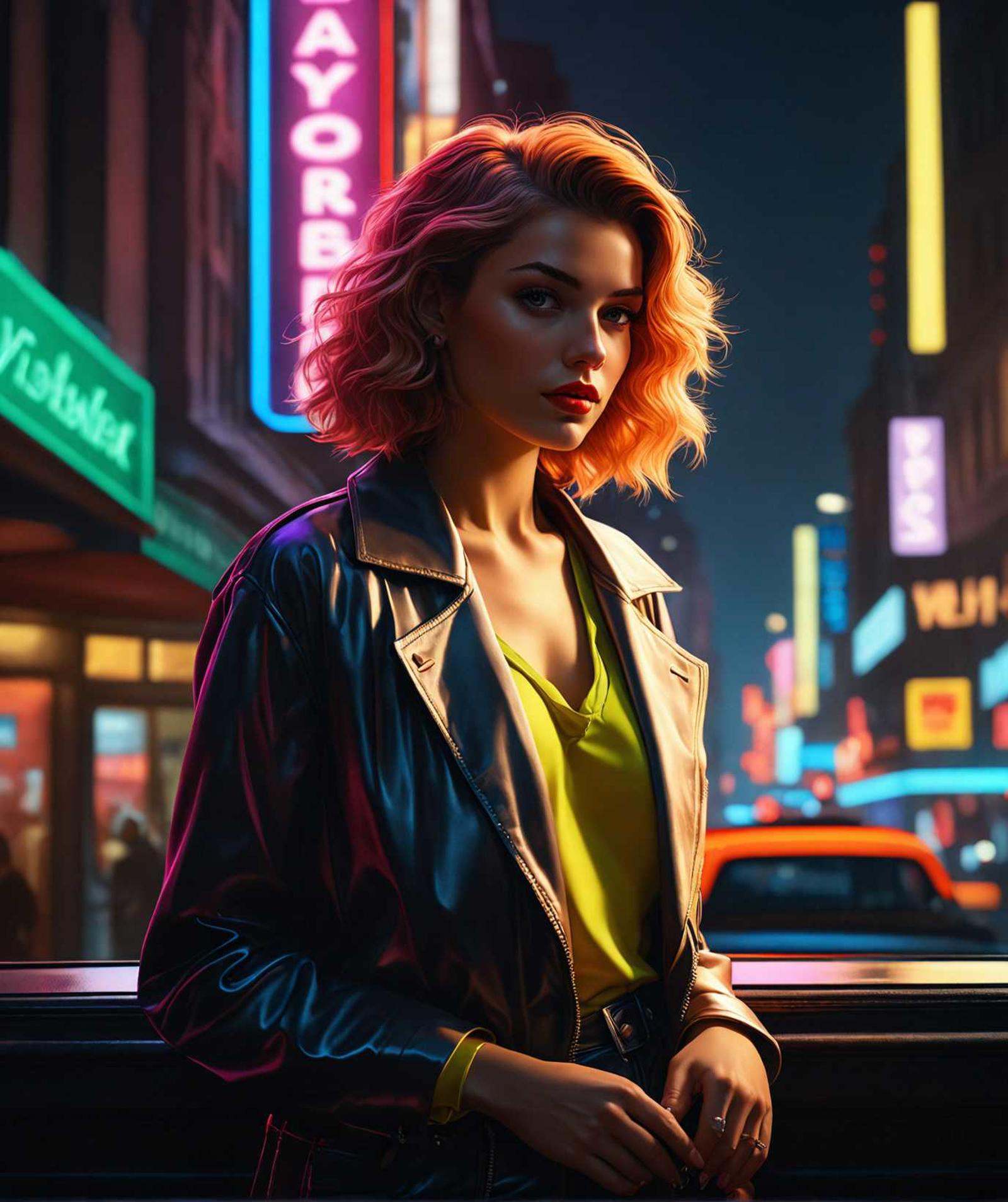 Neon-noir of a stylish beautiful woman,  evocative of the 1980s,  poised against the backdrop of a neon-lit cityscape at n...