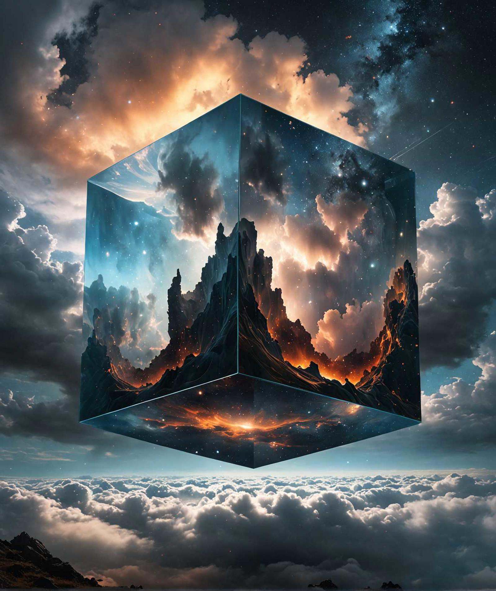 Bosch-style,  a translucent cube traps eerie clouds,  the starsscape warps on Tensor.Art