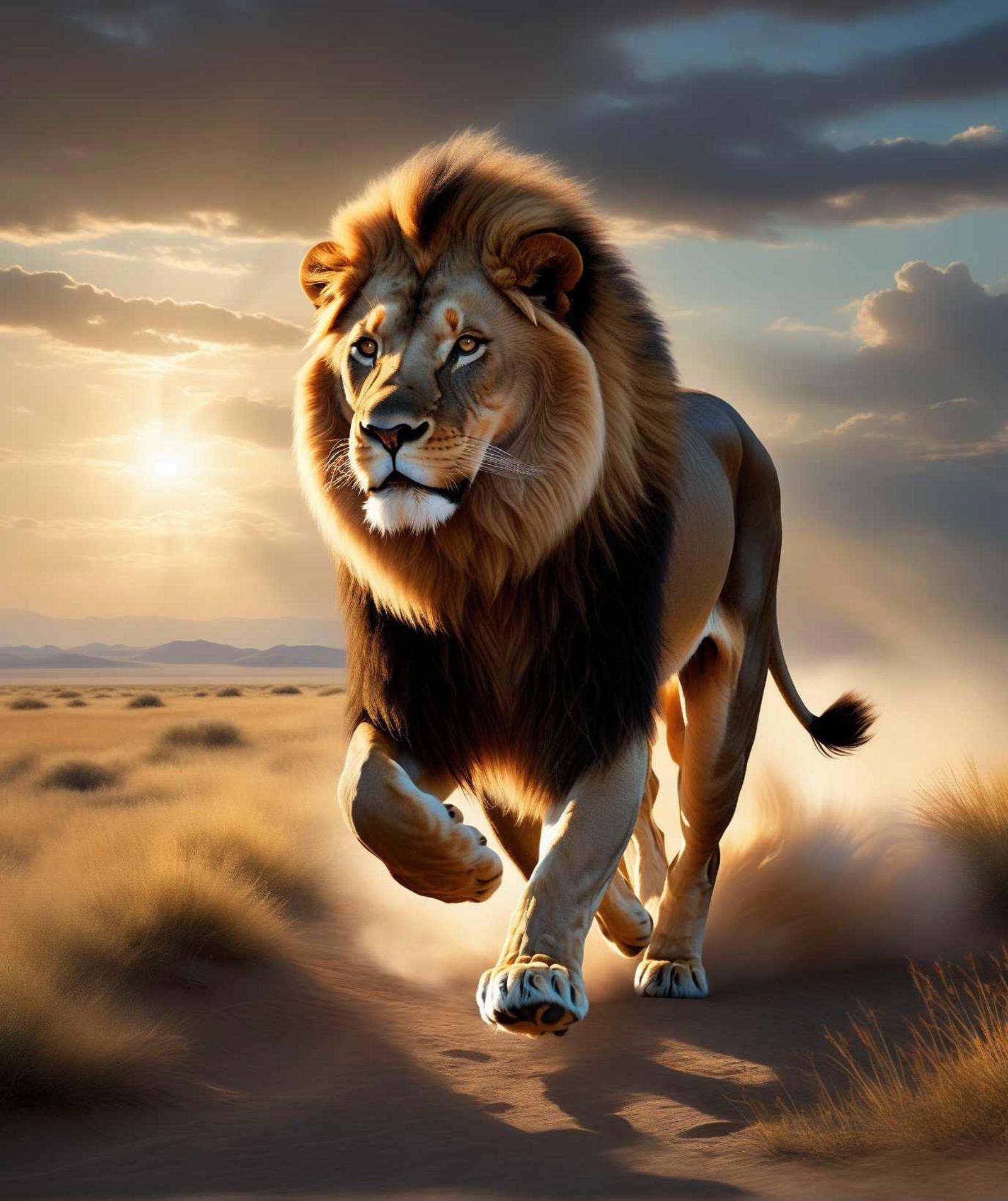 Realistic painting of a male lion galloping powerfully across a vast steppe,  with dynamic ray tracing capturing the sunli...