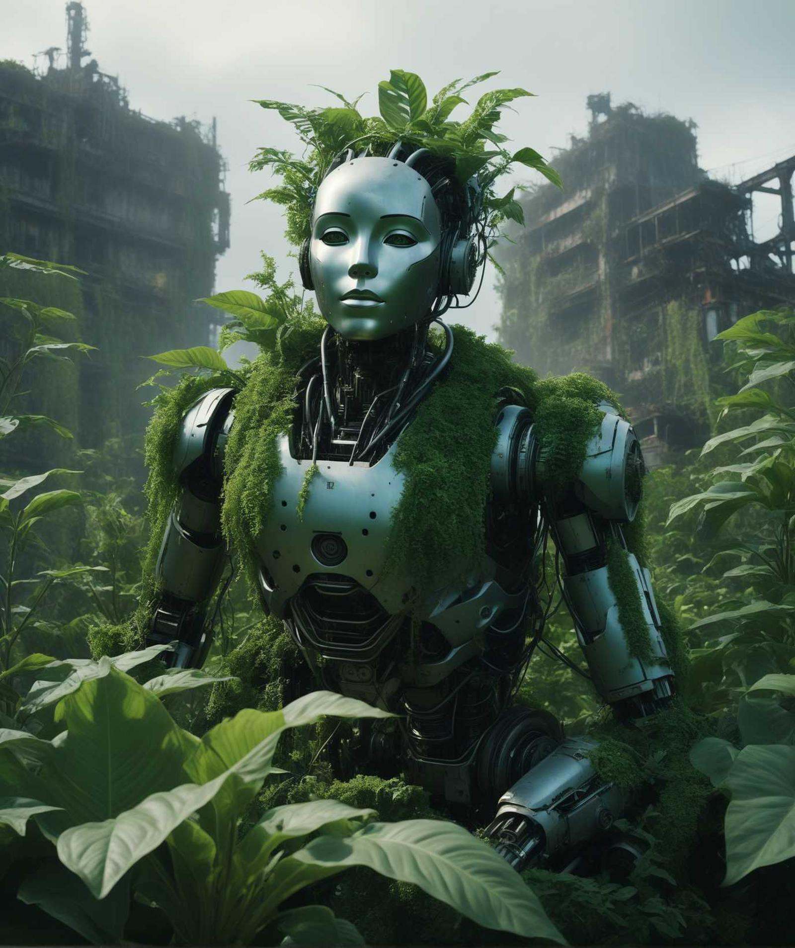 face humanoid on top of plants,  abandoned,  chaotic on Tensor.Art