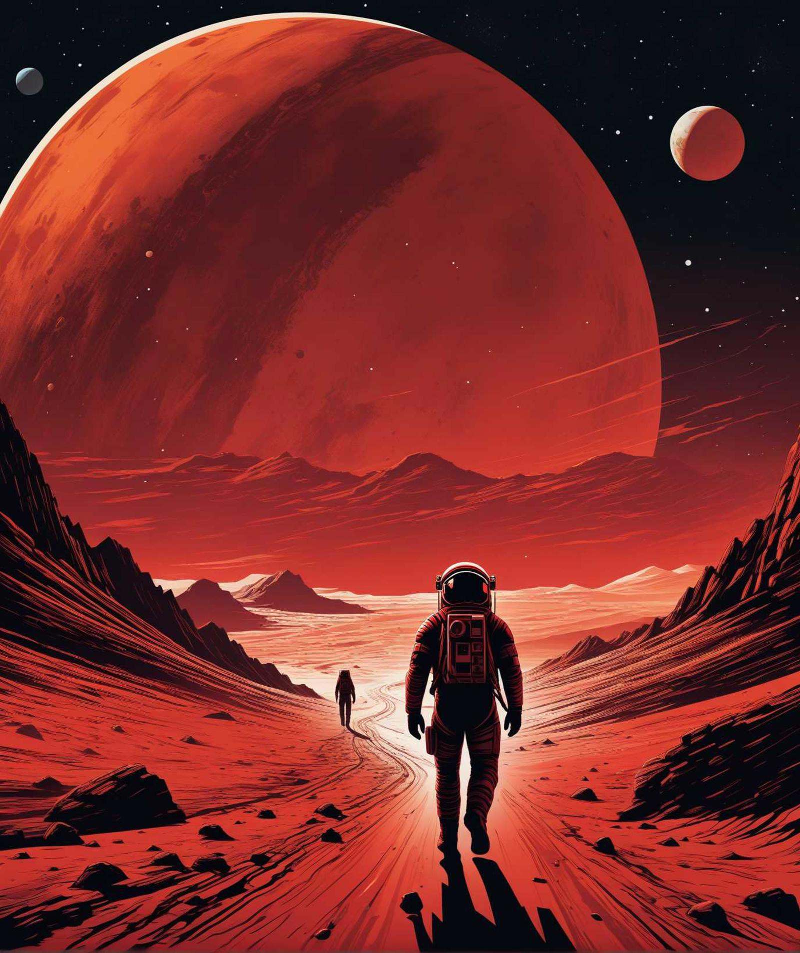 astronaut walking on a red planet with a red planet in the background,  poster art inspired by dan mumford,  featured on b...