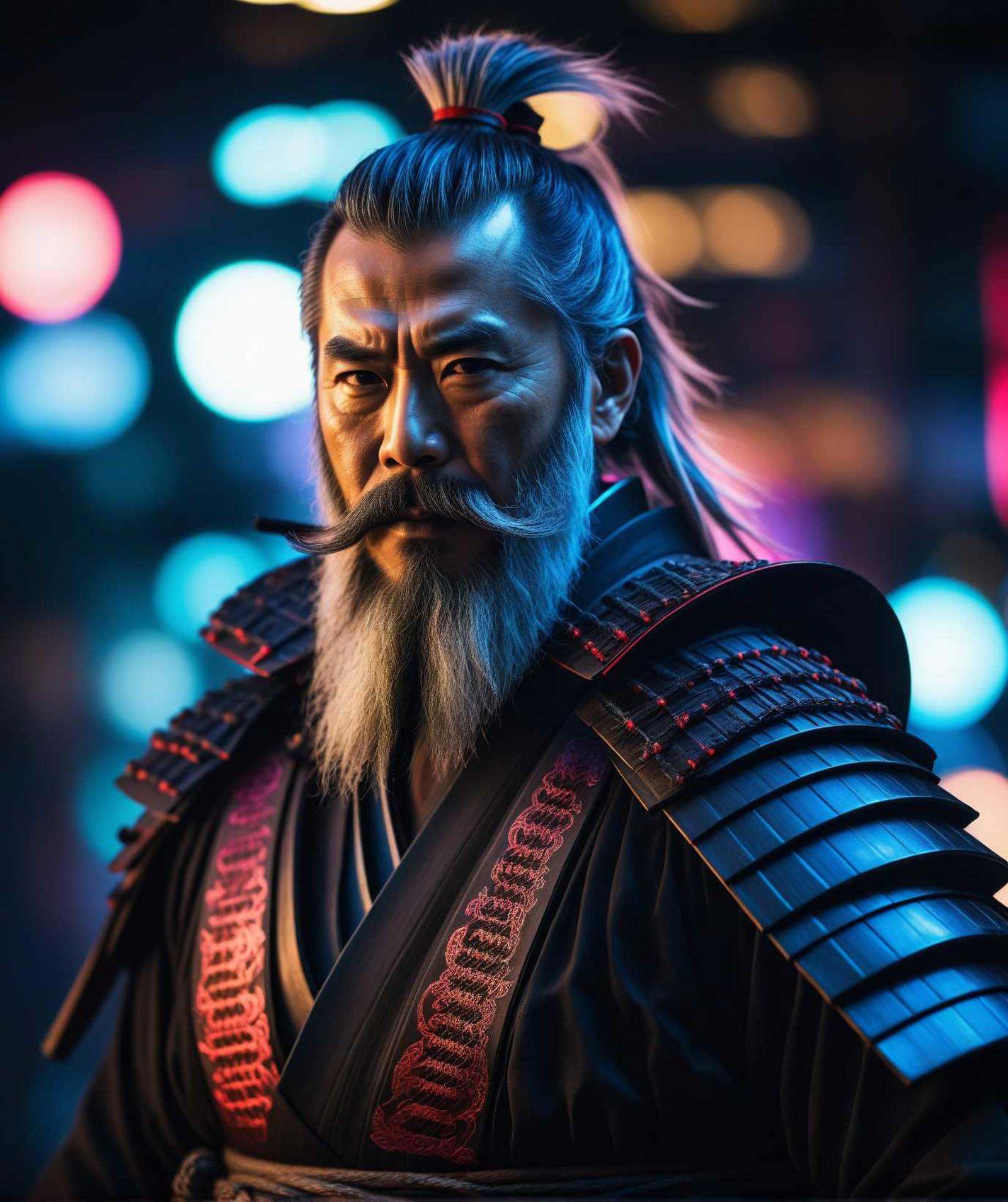 old samurai in the future,  long gray detailed beard,  samurai suit on Tensor.Art