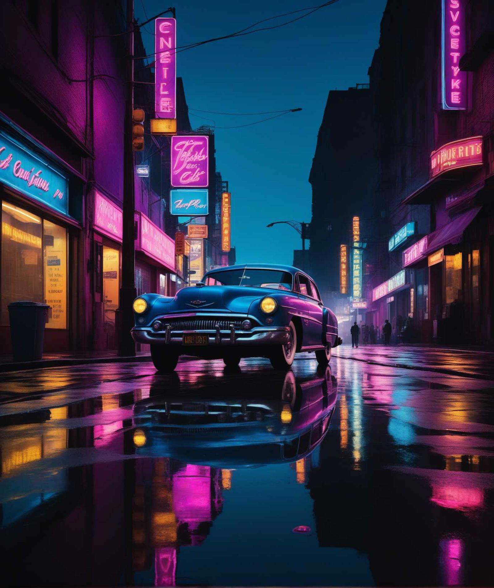 scenecore aesthetic the image portrays a scene reminiscent of a classic film noir. a vintage car,  painted in hues of blue...