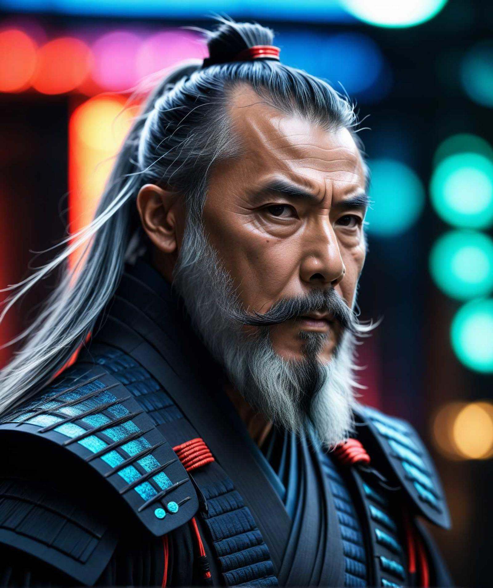 old samurai in the future,  long gray beard,  samurai suit on Tensor.Art