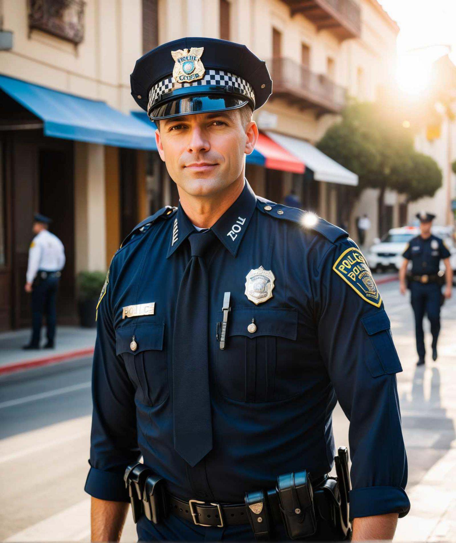 cheerful male police officer standing on the street of LA,  lamp atmosphere,  sunny day on Tensor.Art