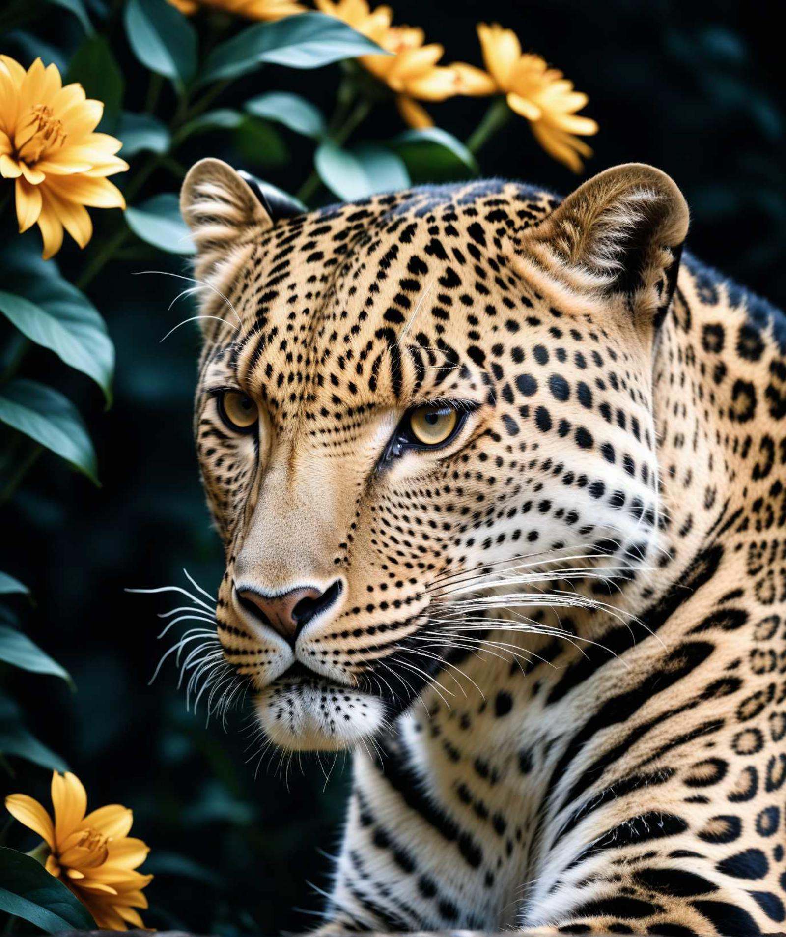 Close-up of a leopard in an image filled with deep darkness in analogue film grain style,  HDR,  8k 35mm photography on Te...