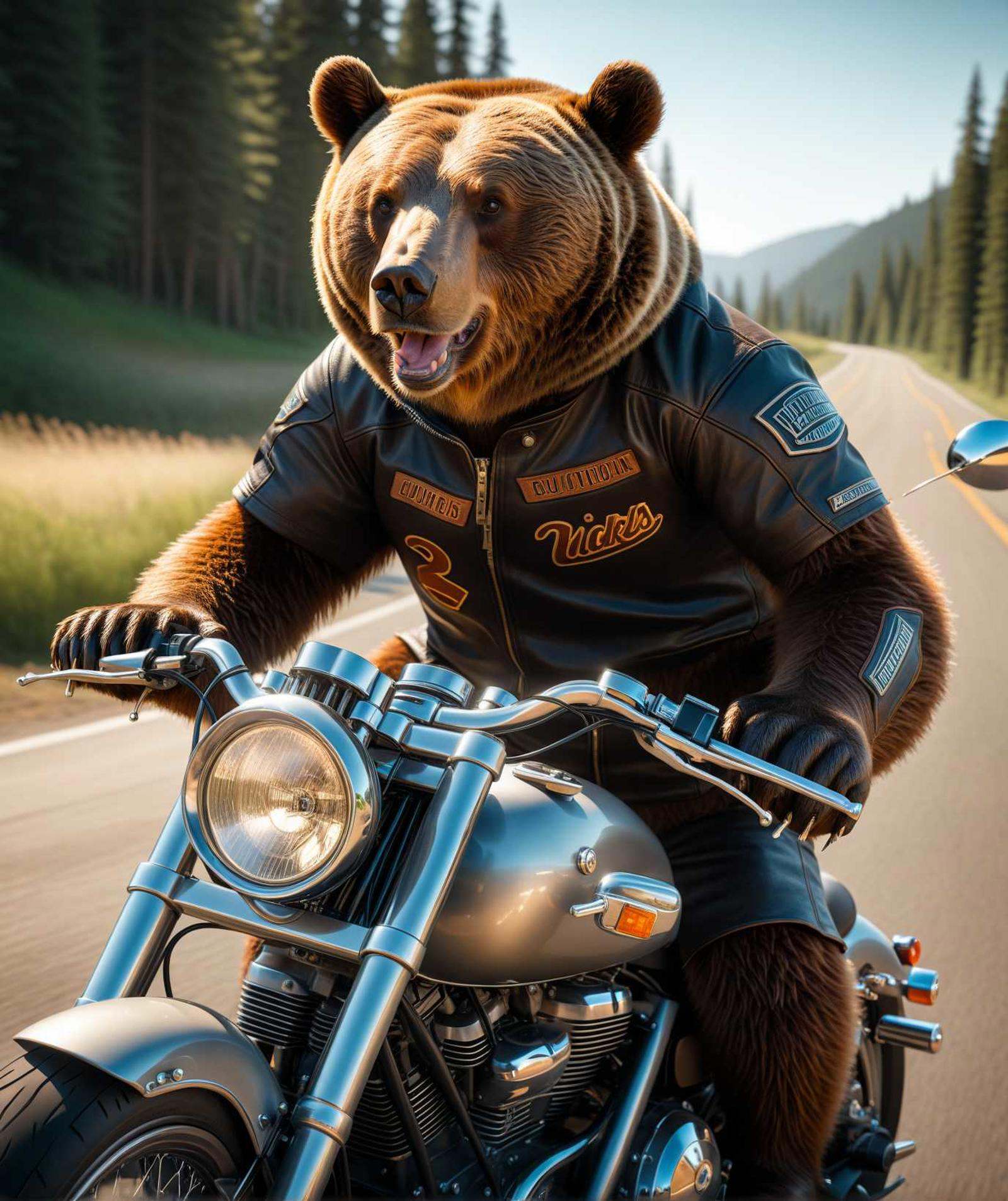 brown bear rides a motorcycle,  soft light,  dynamics on Tensor.Art