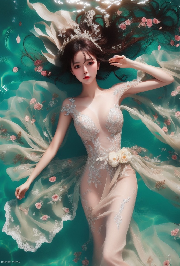 1 lady lying in water with beautiful style,  deep water,  she wears bridal dress on Tensor.Art