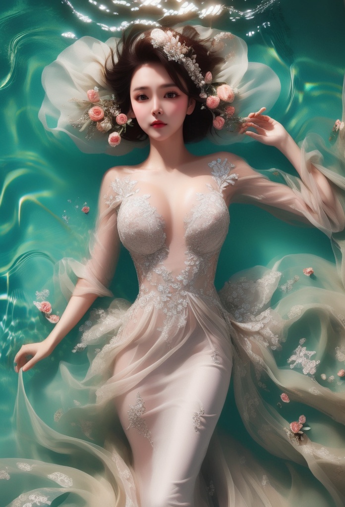 1 lady lying in water with beautiful style,  deep water,  she wears bridal dress on Tensor.Art