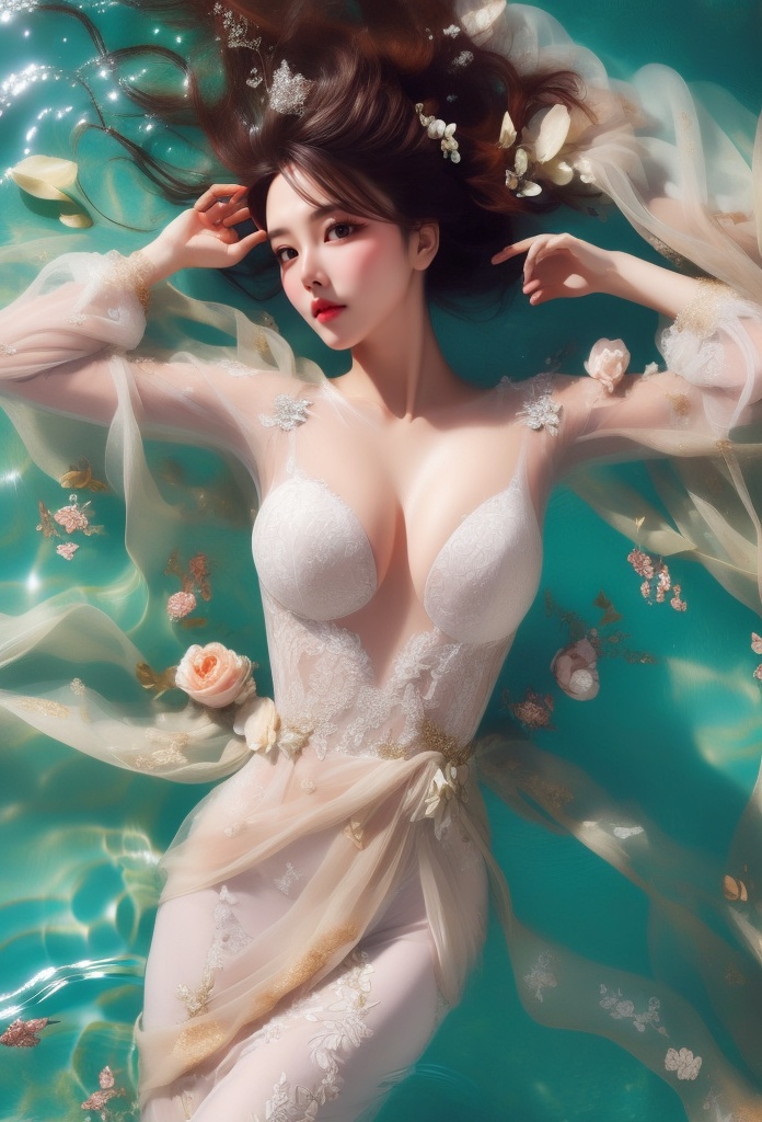 1 lady lying in water with beautiful style,  her body is wet,  she wears bridal dress on Tensor.Art