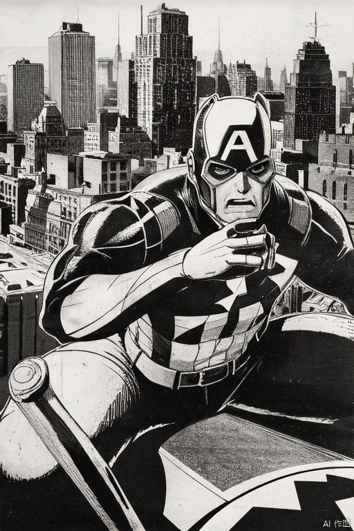 Captain America,battle in downtown New York City,manv,greyscale