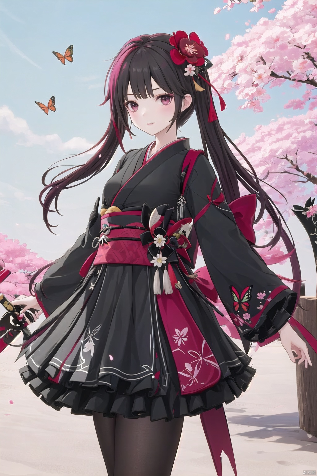  1girl, solo, long_hair, looking_at_viewer, smile, bangs, skirt, long_sleeves, holding, standing, weapon, flower, cowboy_shot, parted_lips, japanese_clothes, sword, wide_sleeves, kimono, holding_weapon, holding_sword, katana, bug, white_flower, cherry_blossoms, red_flower, butterfly, sheath, pink_flower, yellow_flower, orb, orange_flower, peony_\(flower\), linghanXF, fulijiaXF, paluodi,ankeXF