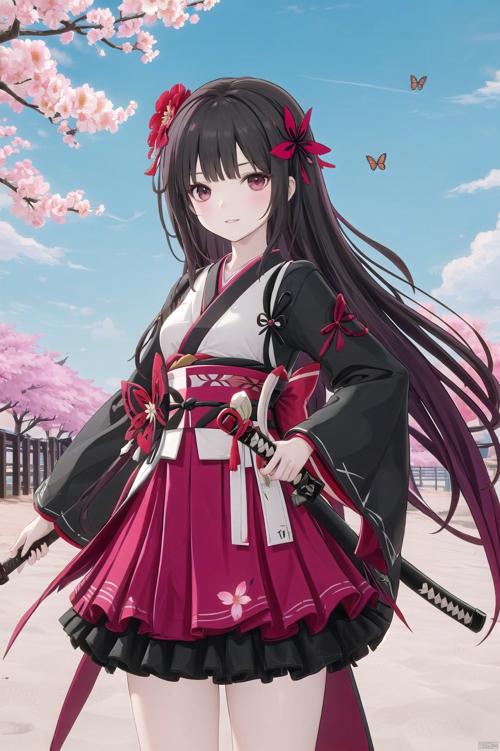  1girl, solo, long_hair, looking_at_viewer, smile, bangs, skirt, long_sleeves, holding, standing, weapon, flower, cowboy_shot, parted_lips, japanese_clothes, sword, wide_sleeves, kimono, holding_weapon, holding_sword, katana, bug, white_flower, cherry_blossoms, red_flower, butterfly, sheath, pink_flower, yellow_flower, orb, orange_flower, peony_\(flower\), linghanXF, fulijiaXF, paluodi,ankeXF