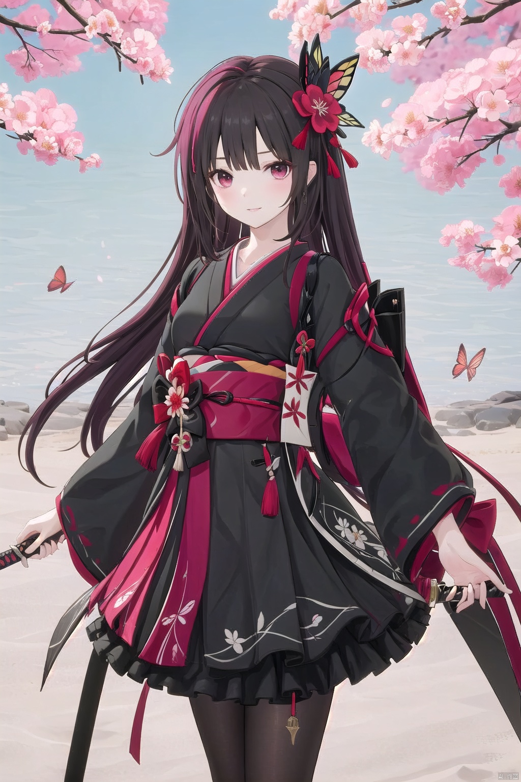  1girl, solo, long_hair, looking_at_viewer, smile, bangs, skirt, long_sleeves, holding, standing, weapon, flower, cowboy_shot, parted_lips, japanese_clothes, sword, wide_sleeves, kimono, holding_weapon, holding_sword, katana, bug, white_flower, cherry_blossoms, red_flower, butterfly, sheath, pink_flower, yellow_flower, orb, orange_flower, peony_\(flower\), linghanXF, fulijiaXF, paluodi,ankeXF