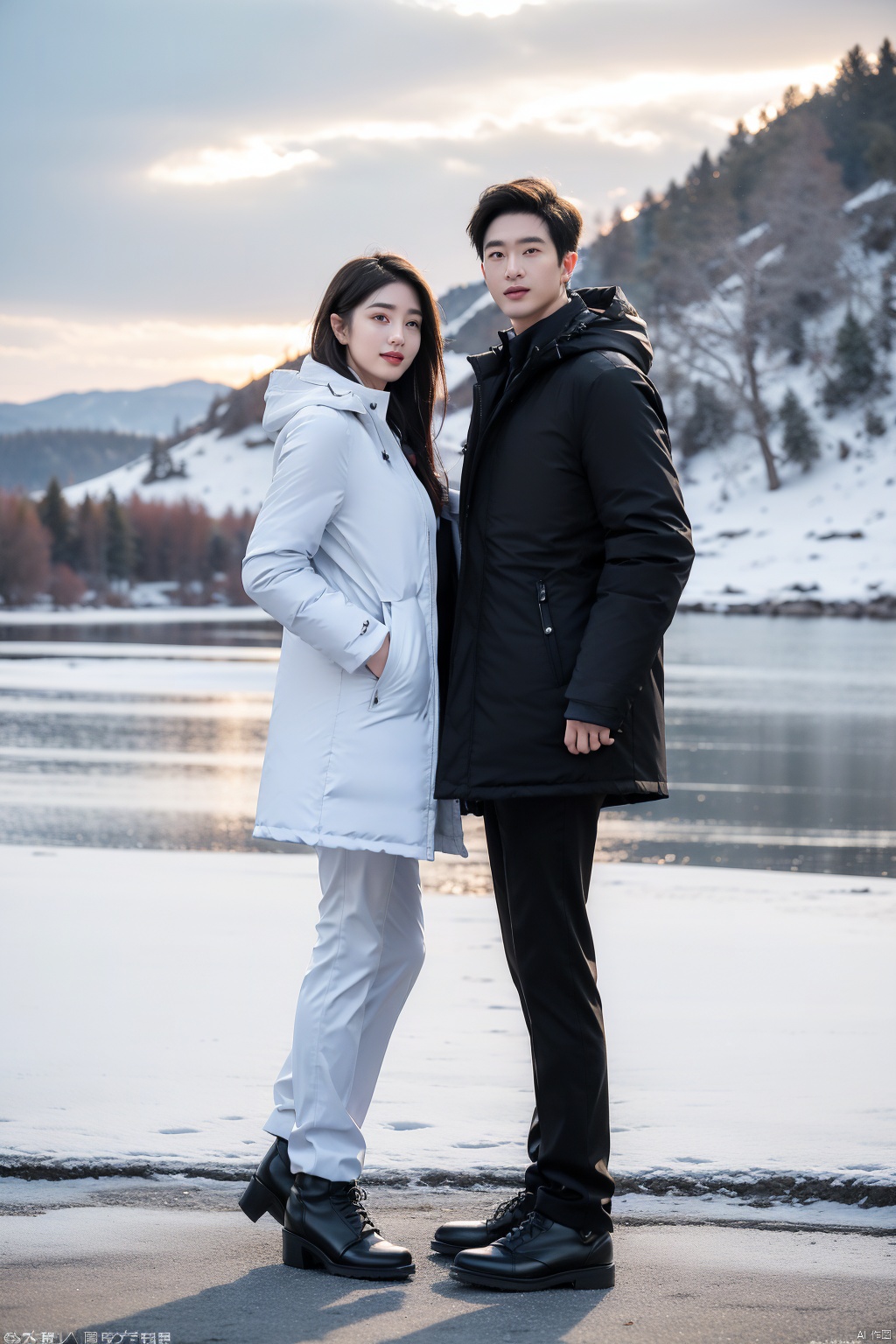 fullbody,2 people,1 girl, 1 boy,crazy smile,Studio Lighting,Wear the same Black parka,(Middle length Black parka:1.3),Slim fit parka,White shirt,Appear thin,necktie,Black pencil pants,Good lighting
By Lake Baikal,Snowy scenery,Black socks,Heavy snow is falling profusely,Bright sunshine,standing, Winter Lake Background,The dazzling sunshine at noon
(8k, RAW photo, best quality, masterpiece:1.2),(realistic, photo-realistic:1.37),photon mapping,professional lighting,radiosity,
trousers,Simple background,mature female,Mature males,Cusp high-heeled shoes,High top leather shoes,(in winter:1.3),(photorealistic:1.2),(film grain:0.2),((Depth of field)),spoken flying sweatdrops,official art,Best quality,masterpiece,((photorealistic:1.4)),extremely delicate,intricate details,best shadow,HD photos,slr,8k,hyperdetailed,(soft light), standing,rich in detail,(exposure blend:1.3),