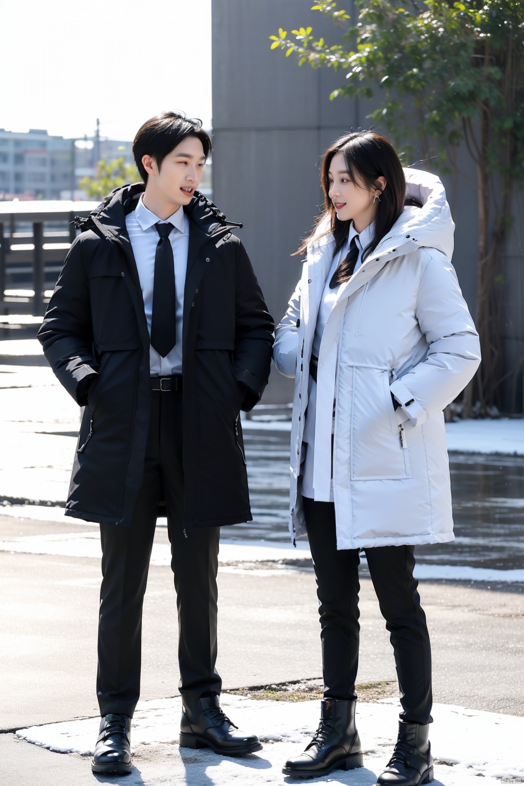 fullbody,2 people,1 girl, 1 boy,crazy smile,Studio Lighting,Wear the same Black parka,(Middle length Black parka:1.3),Slim fit parka,White shirt,Appear thin,necktie,Black pencil pants,Good lighting
By Lake Baikal,Snowy scenery,Black socks,Heavy snow is falling profusely,Bright sunshine,standing, Winter Lake Background,The dazzling sunshine at noon
(8k, RAW photo, best quality, masterpiece:1.2),(realistic, photo-realistic:1.37),photon mapping,professional lighting,radiosity,
trousers,Simple background,mature female,Mature males,Cusp high-heeled shoes,High top leather shoes,(in winter:1.3),(photorealistic:1.2),(film grain:0.2),((Depth of field)),spoken flying sweatdrops,official art,Best quality,masterpiece,((photorealistic:1.4)),extremely delicate,intricate details,best shadow,HD photos,slr,8k,hyperdetailed,(soft light), standing,rich in detail,(exposure blend:1.3),