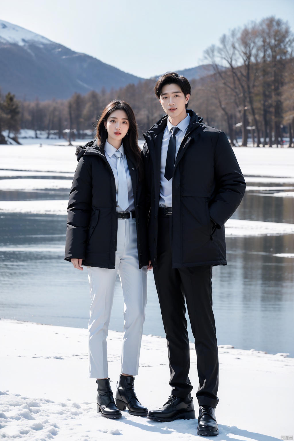 fullbody,2 people,1 girl, 1 boy,crazy smile,studio lighting,wear the same black parka,(middle length black parka:1.3),slim fit parka,white shirt,appear thin,necktie,black pencil pants,good lighting
by lake baikal,snowy scenery,black socks,heavy snow is falling profusely,bright sunshine,standing, winter lake background,the dazzling sunshine at noon
(8k, raw photo, best quality, masterpiece:1.2),(realistic, photo-realistic:1.37),photon mapping,professional lighting,radiosity,
trousers,simple background,mature female,mature males,cusp high-heeled shoes,high top leather shoes,(in winter:1.3),(photorealistic:1.2),(film grain:0.2),((depth of field)),spoken flying sweatdrops,official art,best quality,masterpiece,((photorealistic:1.4)),extremely delicate,intricate details,best shadow,hd photos,slr,8k,hyperdetailed,(soft light), standing,rich in detail,(exposure blend:1.3),