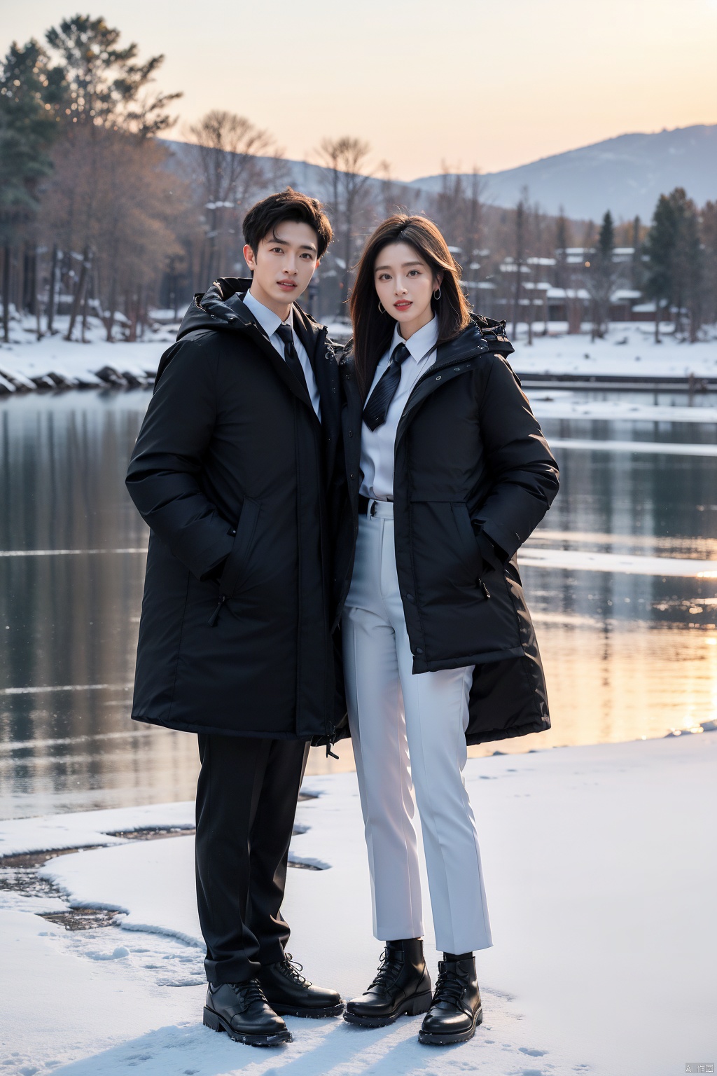 fullbody,2 people,1 girl, 1 boy,crazy smile,studio lighting,wear the same black parka,(middle length black parka:1.3),slim fit parka,white shirt,appear thin,necktie,black pencil pants,good lighting
by lake baikal,snowy scenery,black socks,heavy snow is falling profusely,bright sunshine,standing, winter lake background,the dazzling sunshine at noon
(8k, raw photo, best quality, masterpiece:1.2),(realistic, photo-realistic:1.37),photon mapping,professional lighting,radiosity,
trousers,simple background,mature female,mature males,cusp high-heeled shoes,high top leather shoes,(in winter:1.3),(photorealistic:1.2),(film grain:0.2),((depth of field)),spoken flying sweatdrops,official art,best quality,masterpiece,((photorealistic:1.4)),extremely delicate,intricate details,best shadow,hd photos,slr,8k,hyperdetailed,(soft light), standing,rich in detail,(exposure blend:1.3),