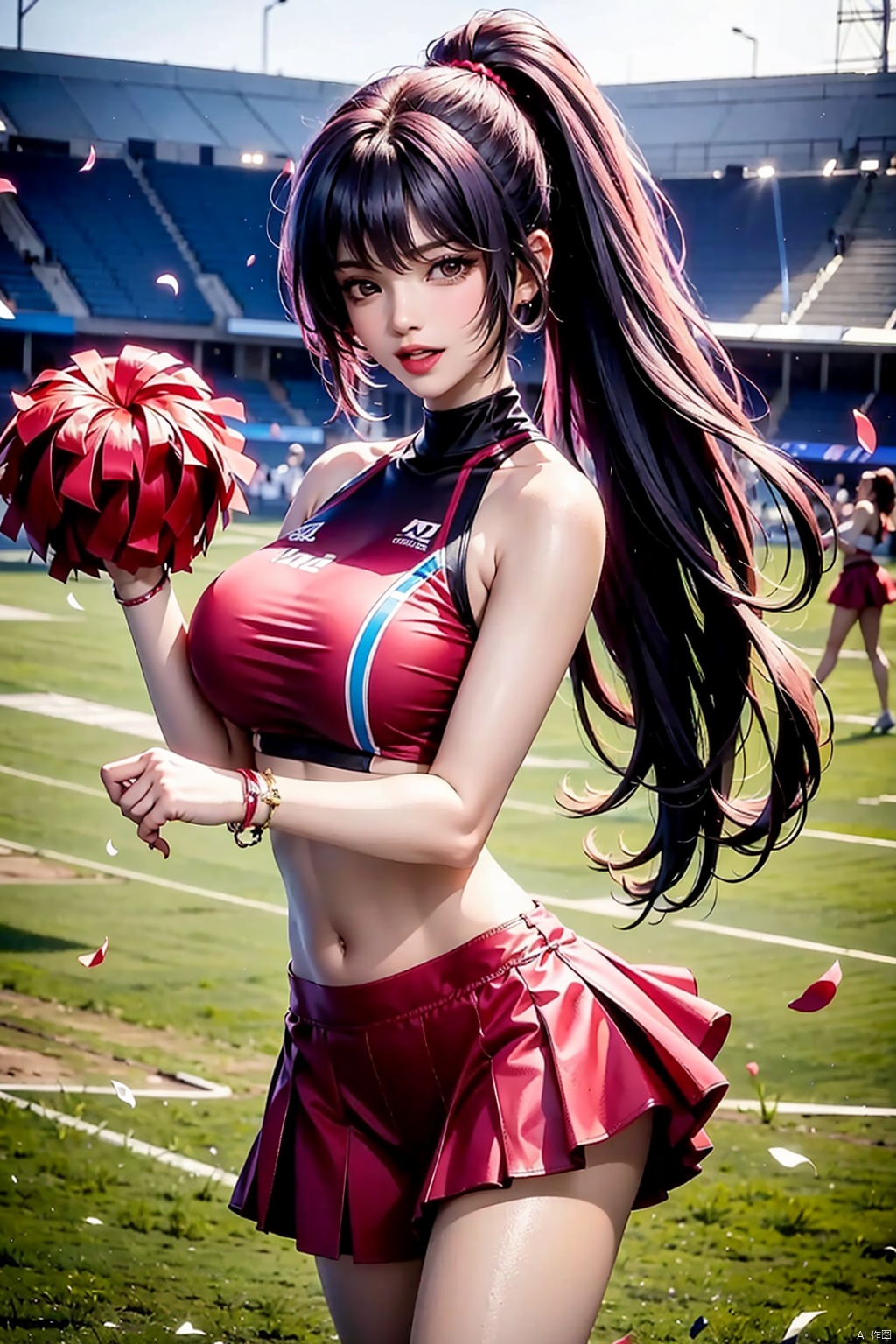 虞姬,1girl, solo, long hair, breasts, looking at viewer, smile, open mouth, bangs, skirt, large breasts, shirt, black hair, navel, holding, bare shoulders, brown eyes, very long hair, standing, collarbone, ponytail, thighs, cowboy shot, pleated skirt, outdoors, parted lips, teeth, sleeveless, midriff, hand up, miniskirt, stomach, lips, crop top, petals, sleeveless shirt, red skirt, high ponytail, wristband, taut clothes, red lips, cheerleader, pom pom \(cheerleading\), taut shirt, falling petals, holding pom poms, stadium,圣采儿