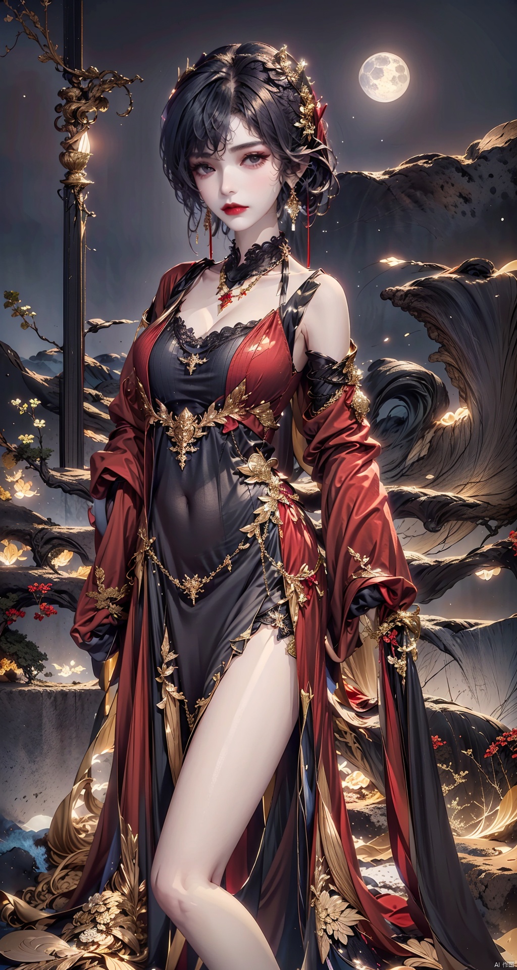 A girl in a bold red power suit, striking a confident pose with her arms crossed. She wears statement gold earrings and a matching necklace, and her short, straight black hair adds a edgy vibe. Her intense brown eyes stare boldly at the viewer, and her red lipstick adds a dramatic flair. The background is a bustling city street, adding to the urban feel of the scene.,比比东,圣采儿