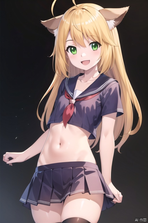 masterpiece, best quality, masterpiece,best quality,official art,extremely detailed CG unity 8k wallpaper,black_background,bandeau,1girl, solo, long hair, flat chest, looking at viewer, bangs, blonde hair, navel, animal ears, green eyes, cowboy shot, midriff ,collarbone, animal ear fluff,ahoge,bare arms,sailor shirt,pleated skirt,school uniform,midriff,navel,collarbone,black thighhighs, :d,chest binder,tsss
