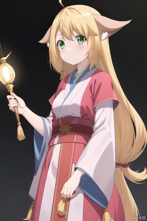 tsss,long sleeves, holding, animal ears, very long hair, closed mouth, green eyes, ahoge, wide sleeves,wide sleeves, tassel, layered sleeves,sash, 
